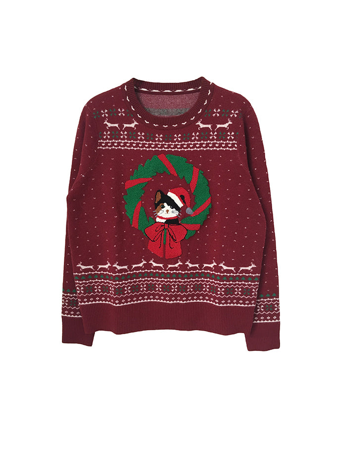 Meowy Xmas Jumper(Burgundy)