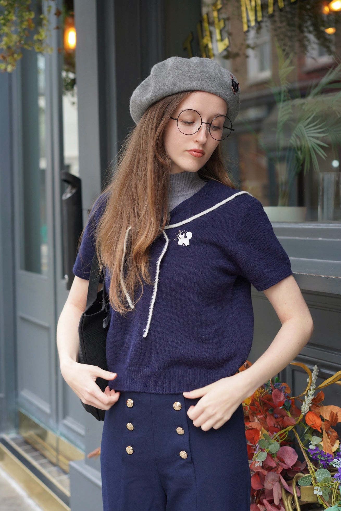 1930 Sailor Kitty Knit Top (Navy)