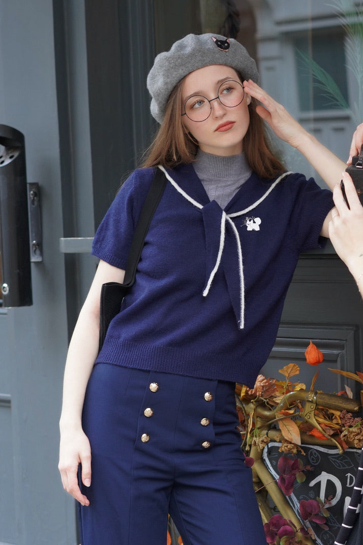 1930 Sailor Kitty Knit Top (Navy)