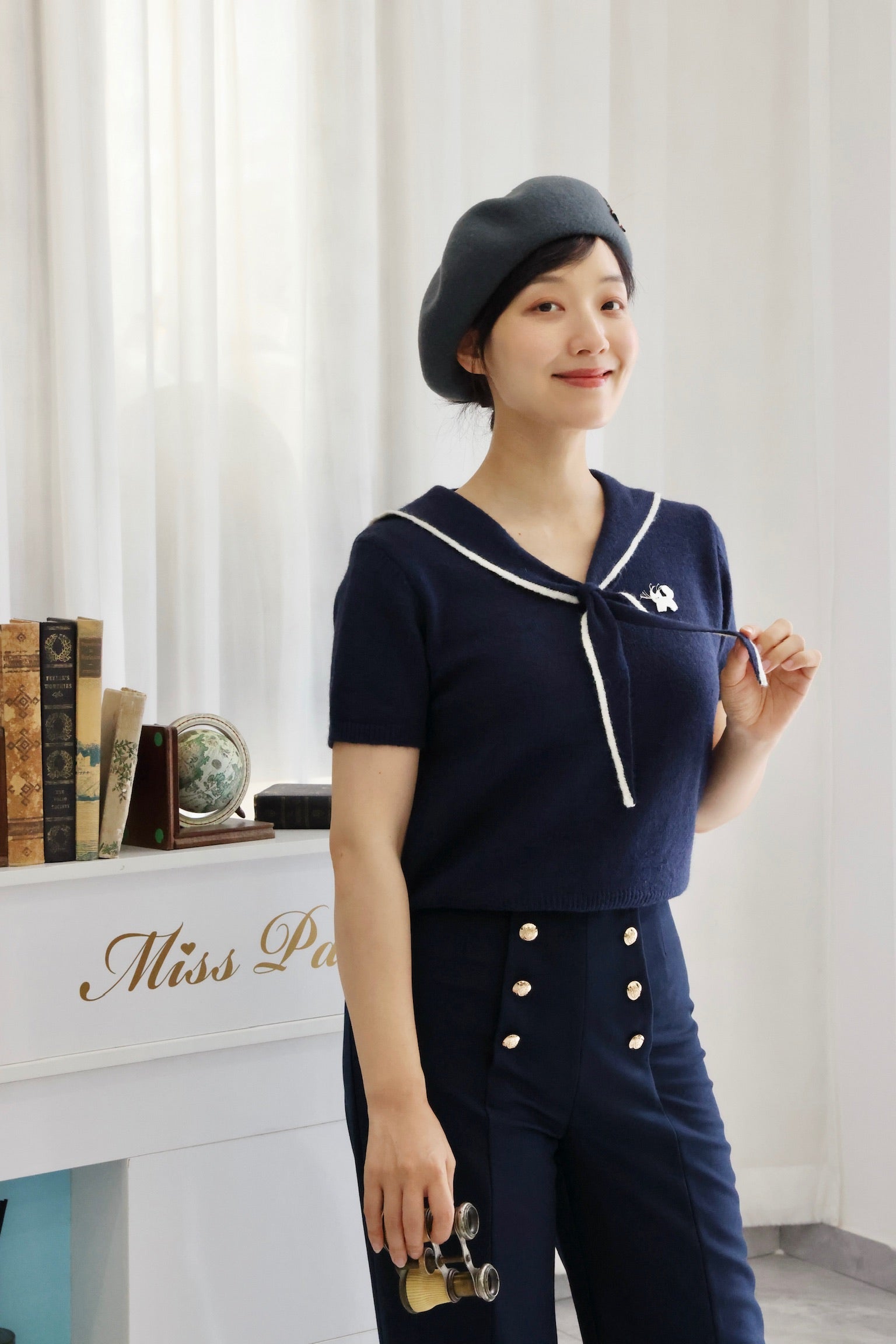 1930 Sailor Kitty Knit Top (Navy)