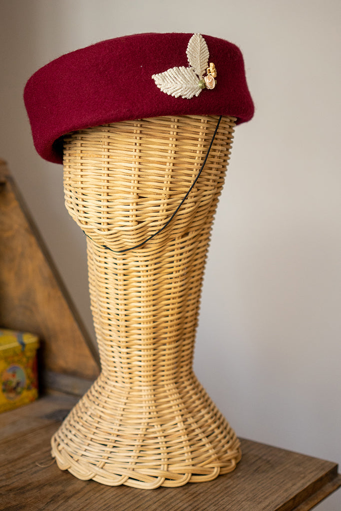 Floral Pillbox Hat(Wine)