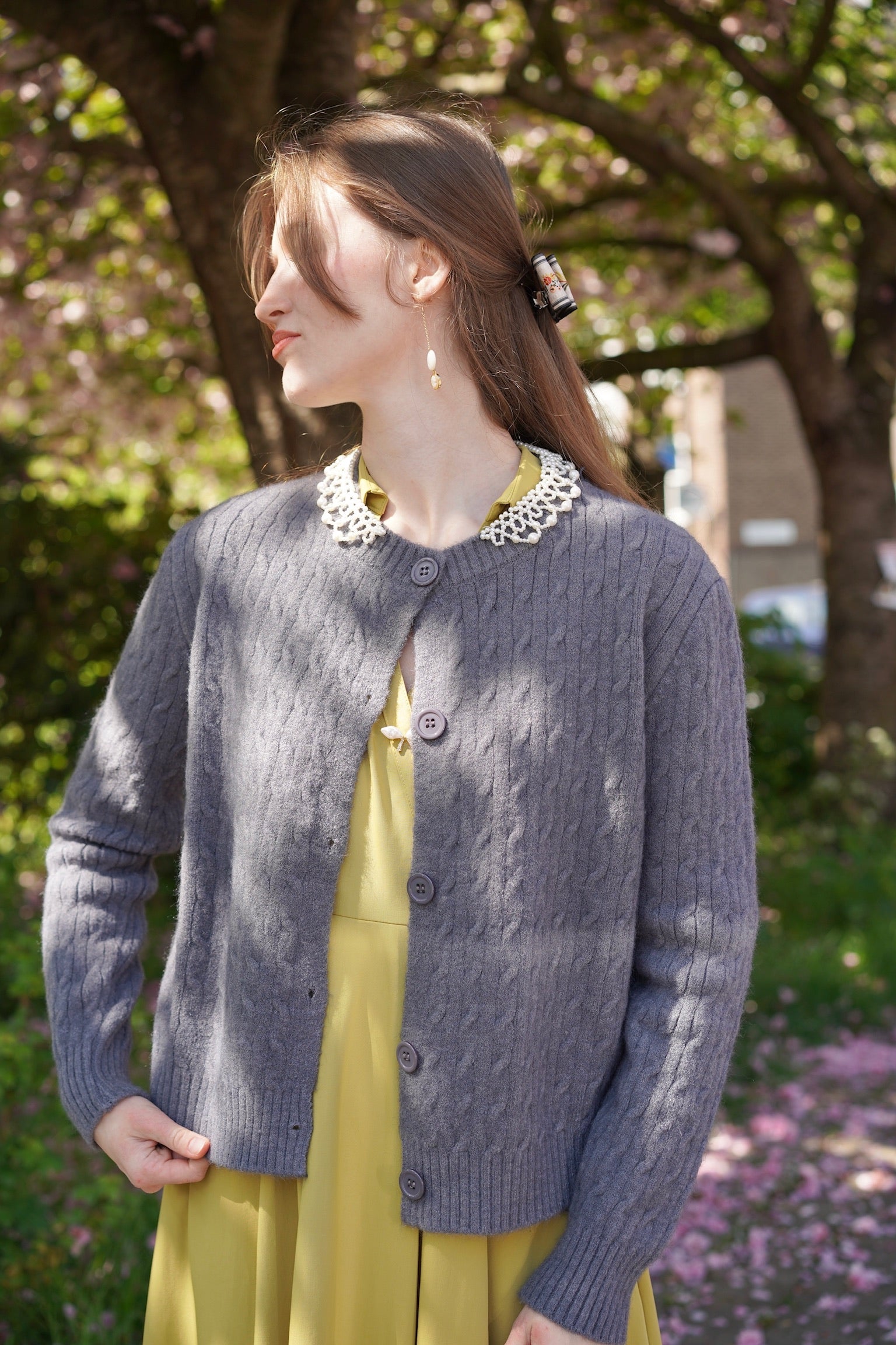 Lady Pearl Cable Cardigan (Grey)