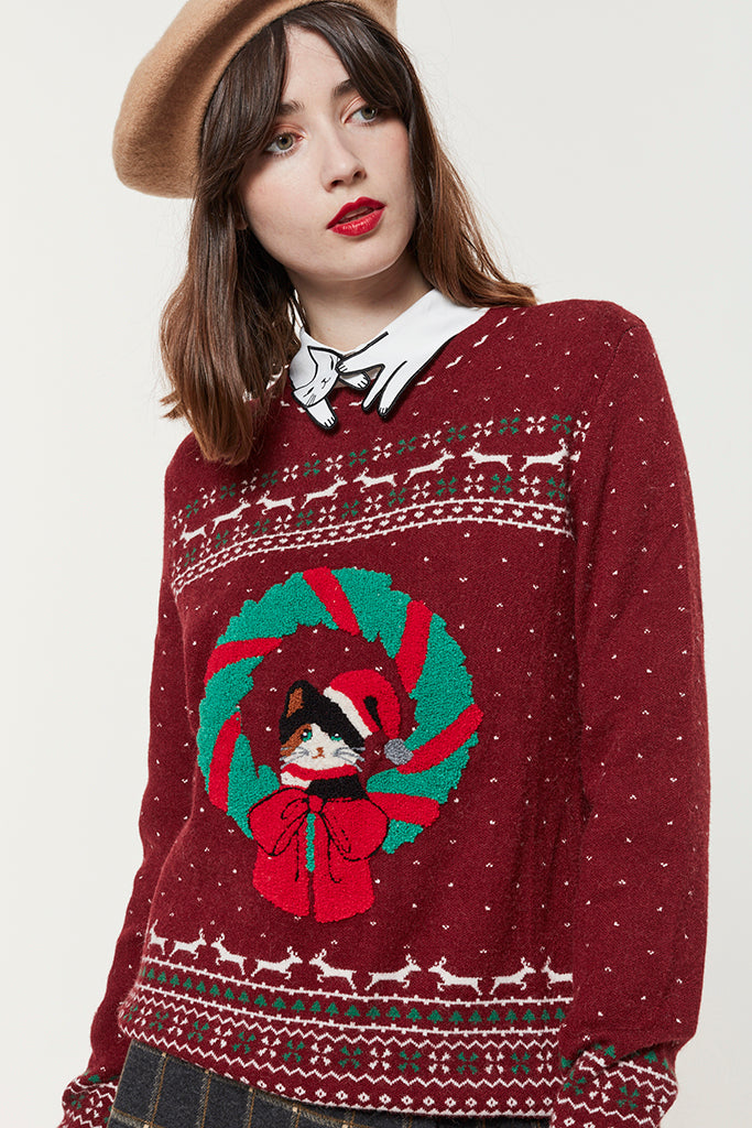 Meowy Xmas Jumper(Burgundy)