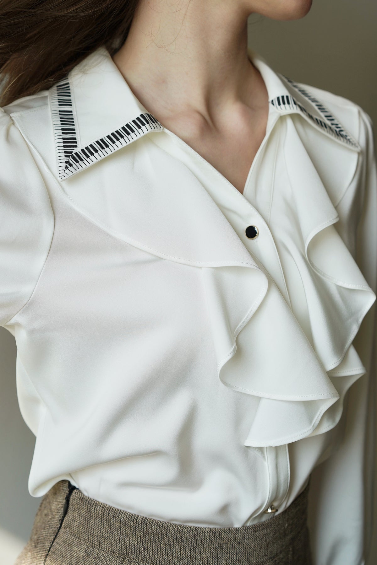 Piano Collar Ruffled Blouse