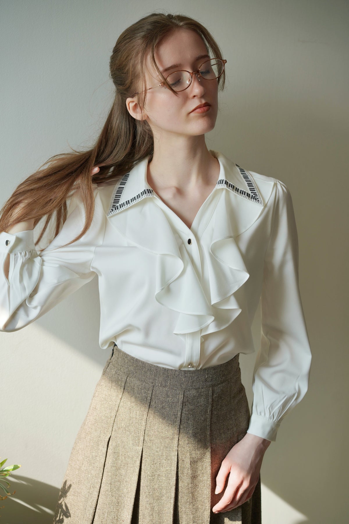 Piano Collar Ruffled Blouse