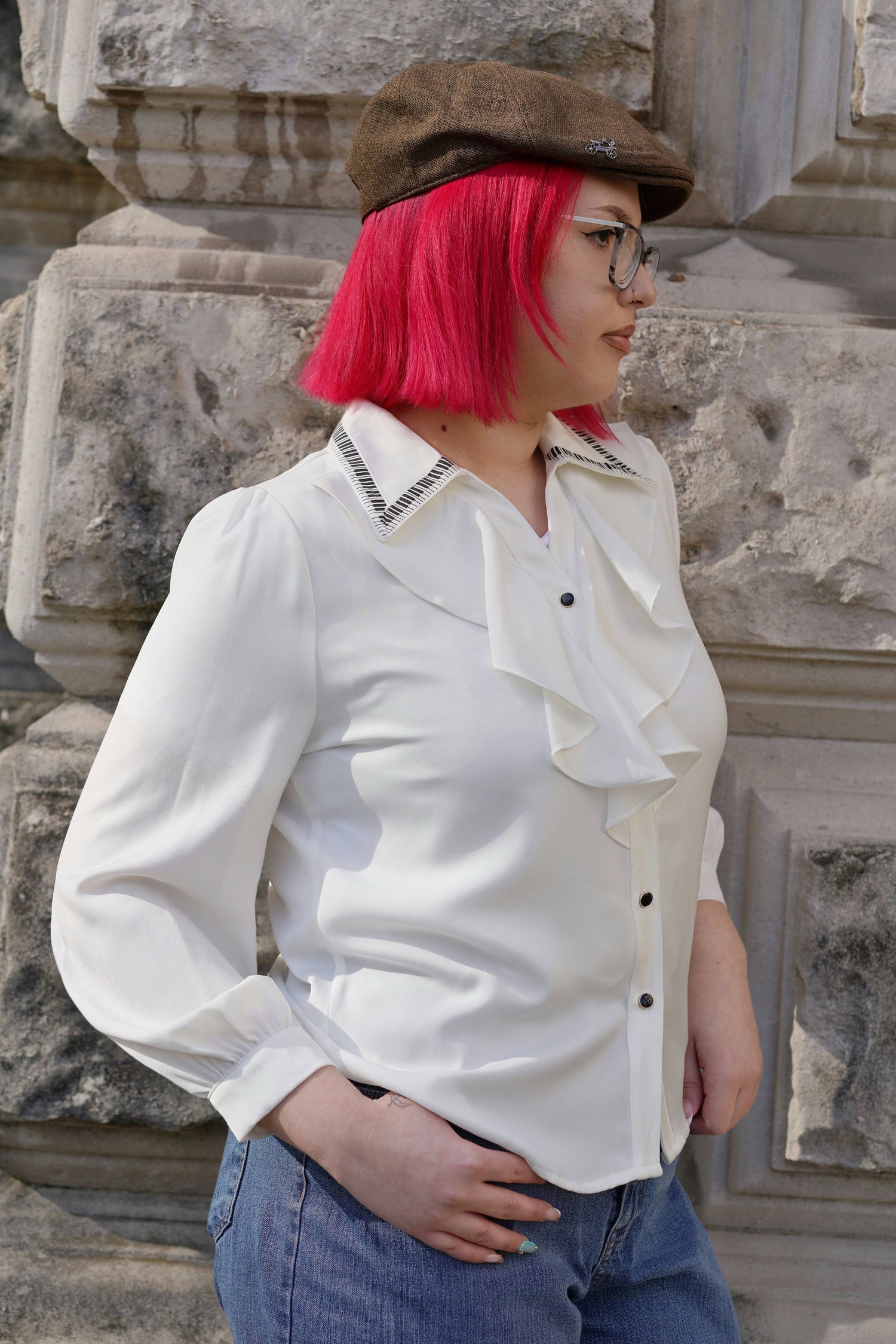Piano Collar Ruffled Blouse