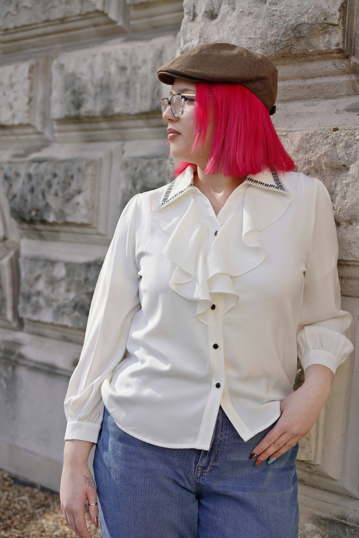 Piano Collar Ruffled Blouse