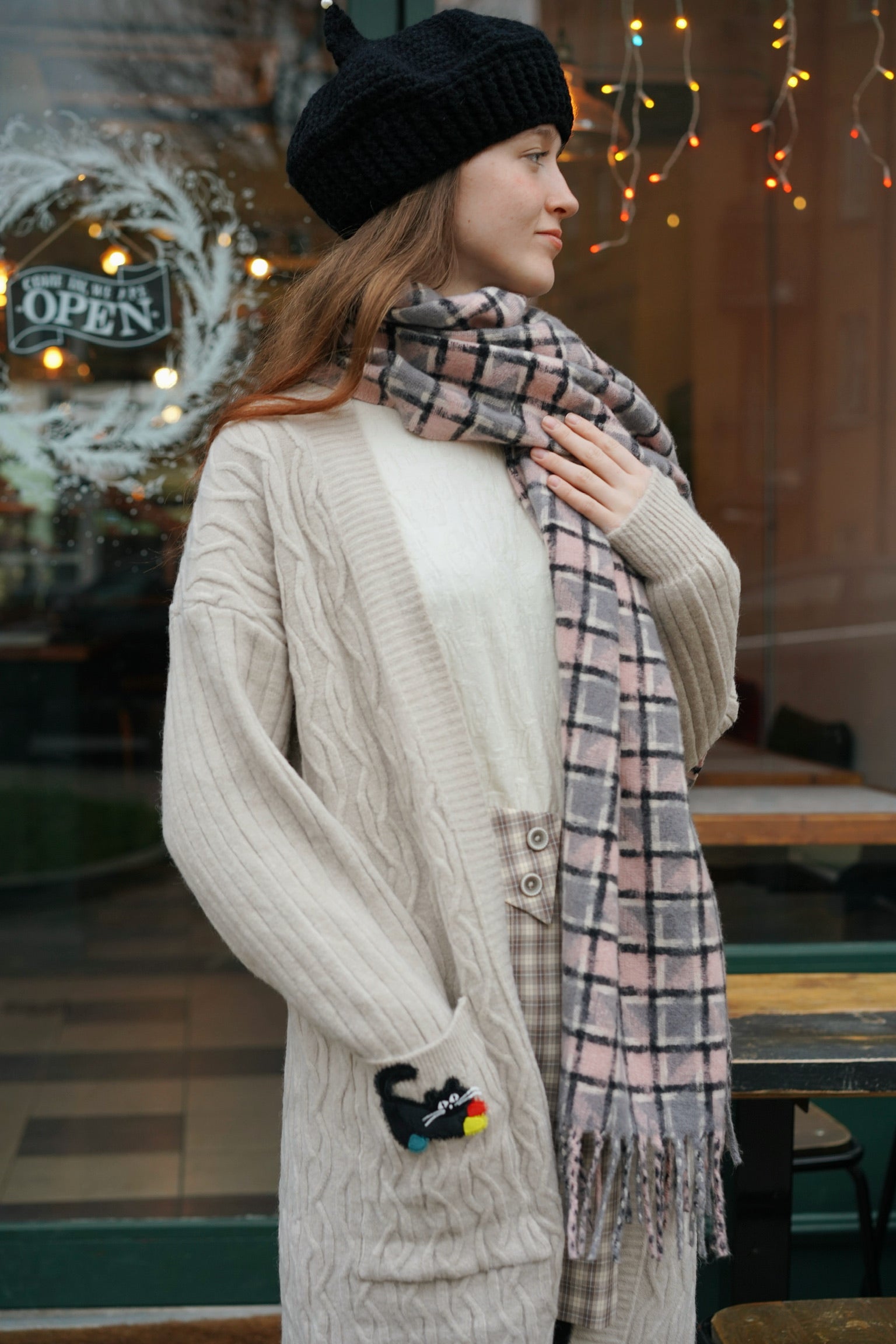 Slouchy Cable Cat Cardigan (Cream)