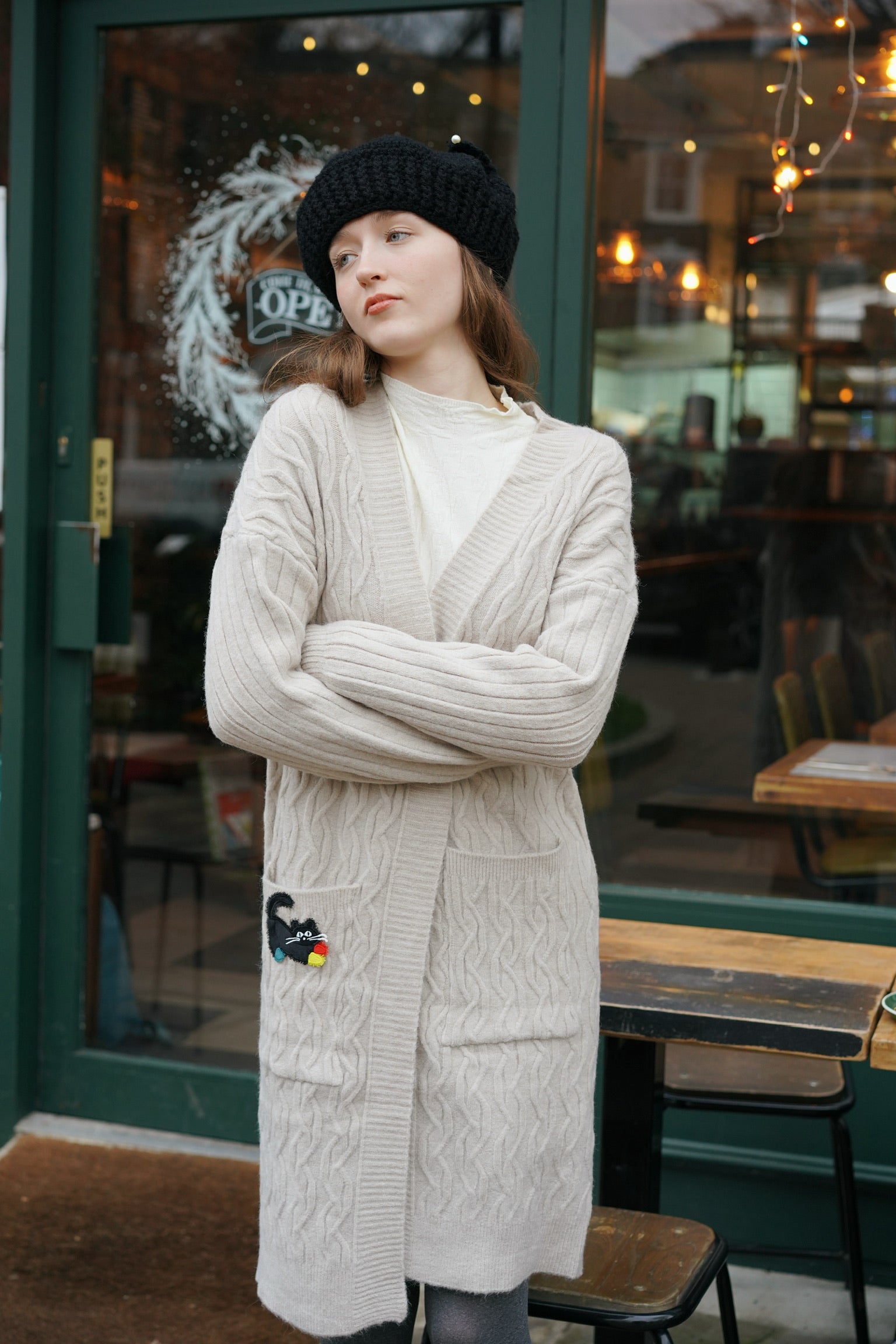 Slouchy Cable Cat Cardigan (Cream)