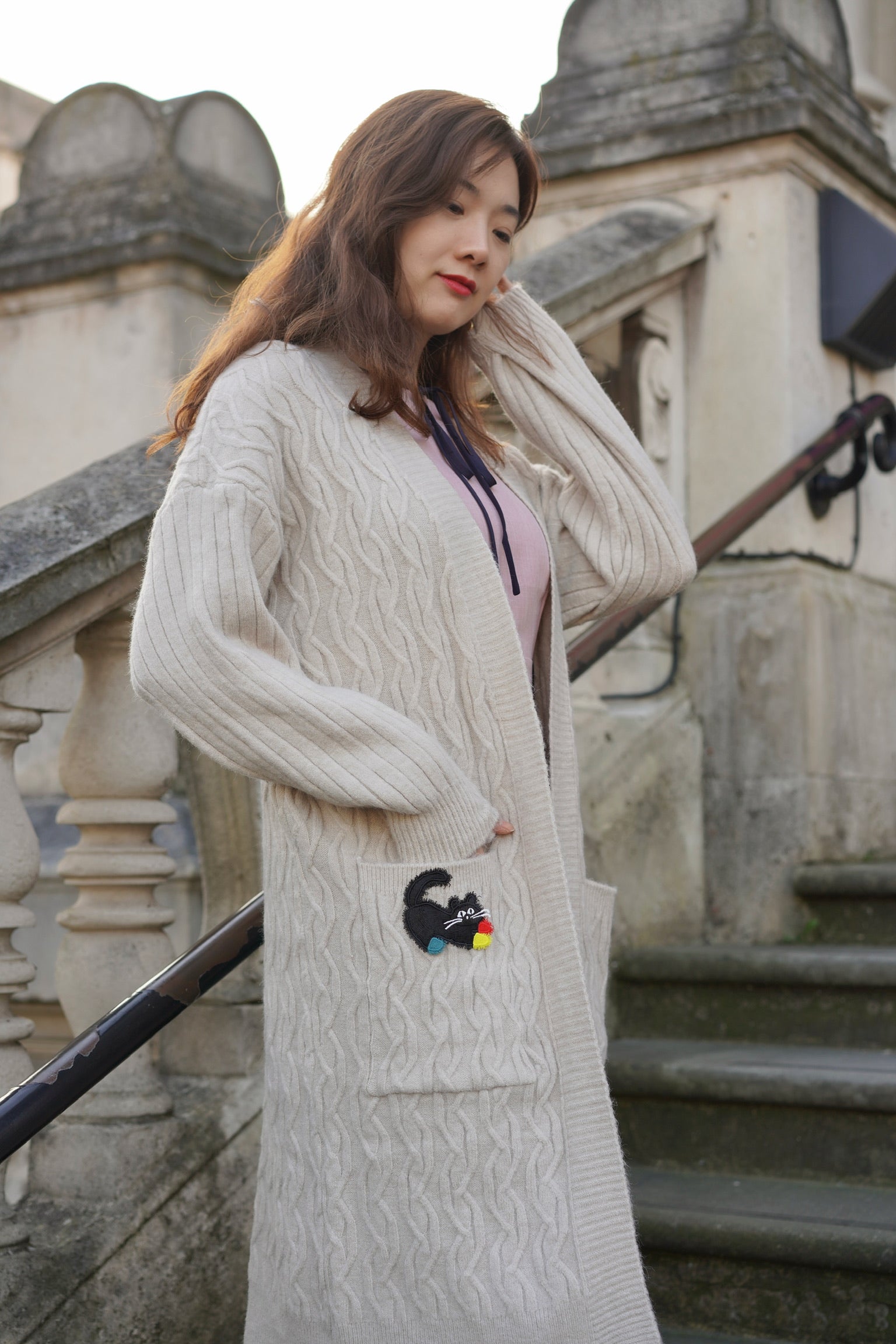 Slouchy Cable Cat Cardigan (Cream)