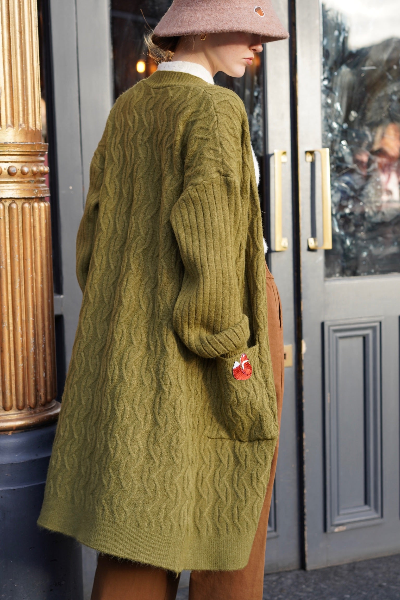 Slouchy Cable Fox Cardigan (Moss Green)