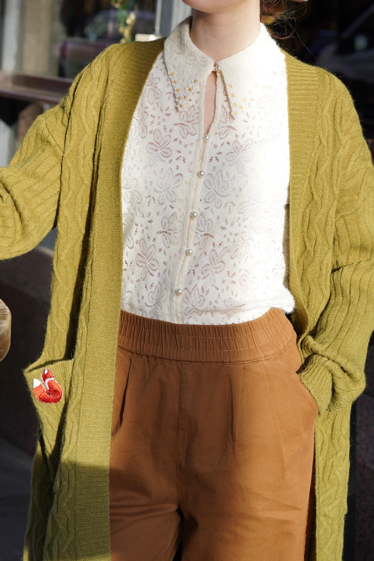 Slouchy Cable Fox Cardigan (Moss Green)