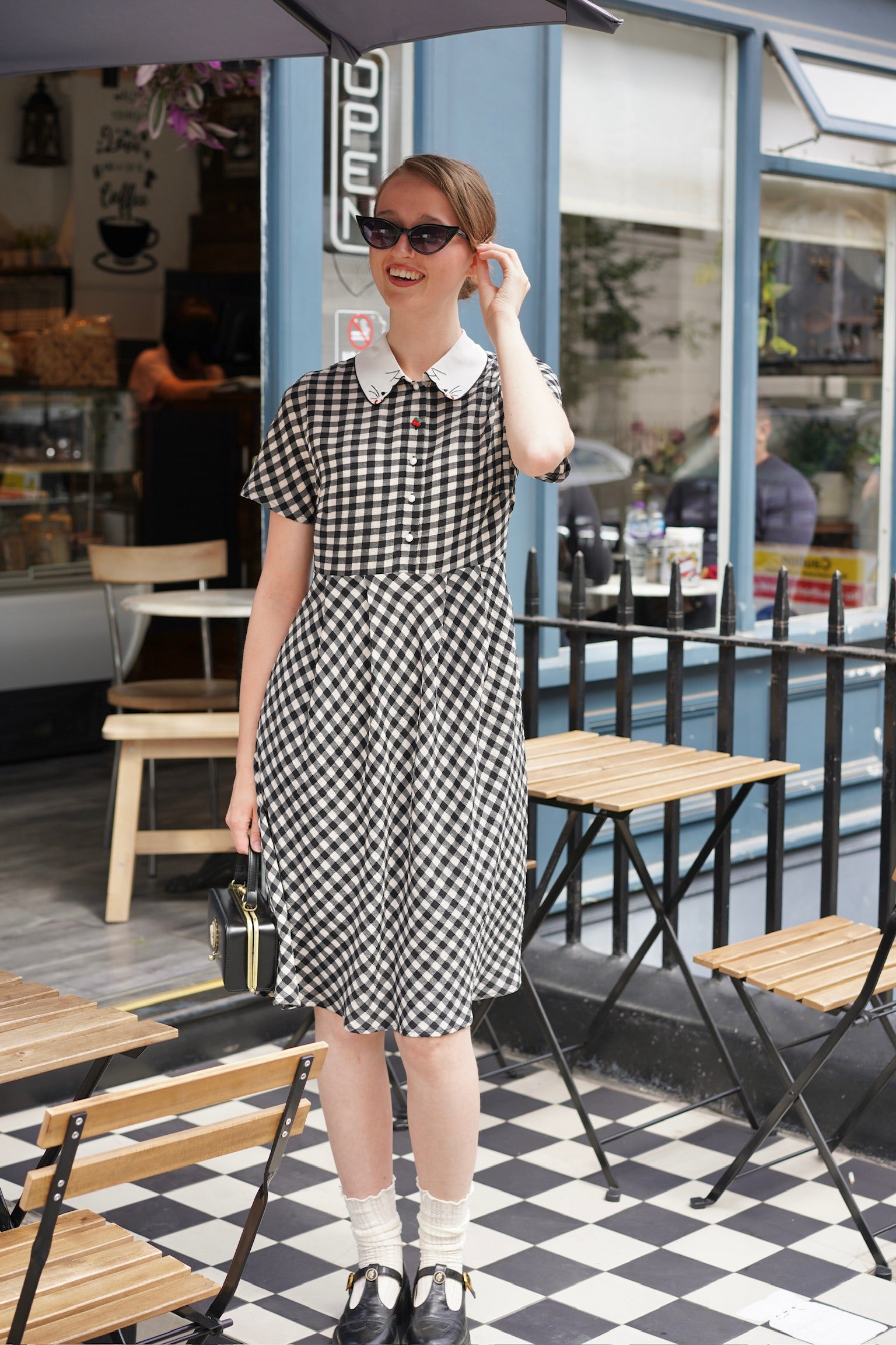 Snacking Kitten Gingham Dress