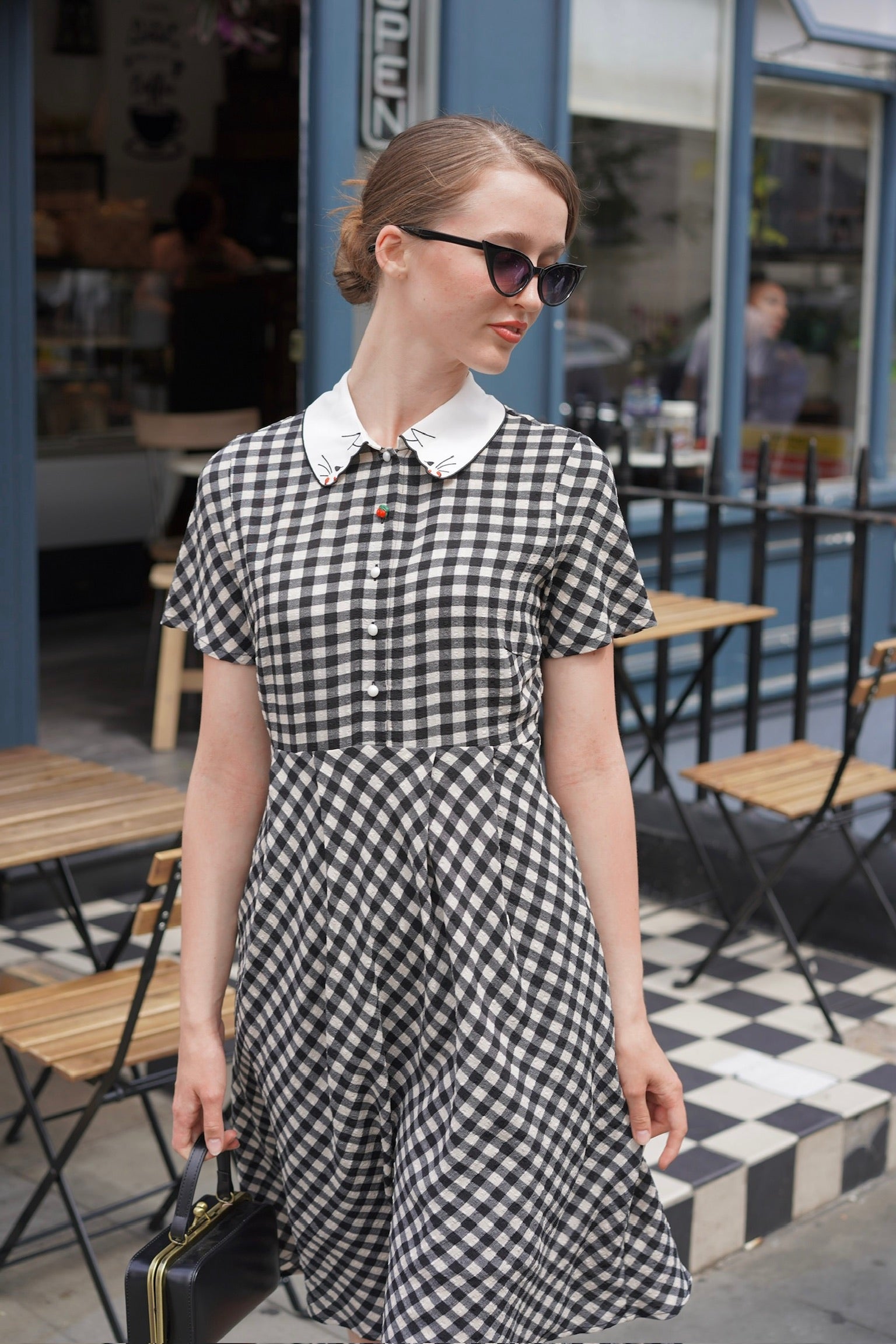 Snacking Kitten Gingham Dress
