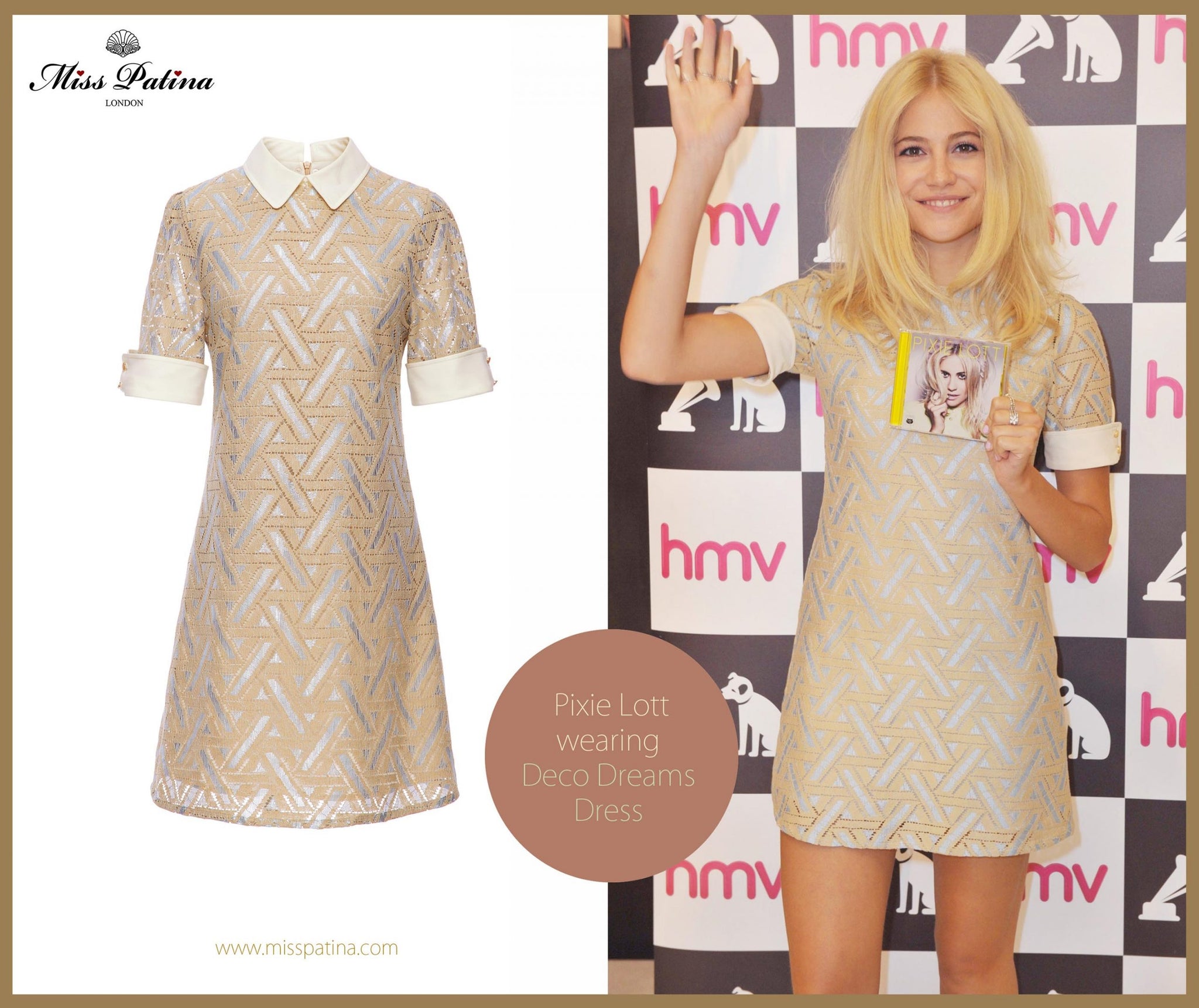 Spotted: Pixie Lott Wearing Deco Dreams Dress in Art Deco