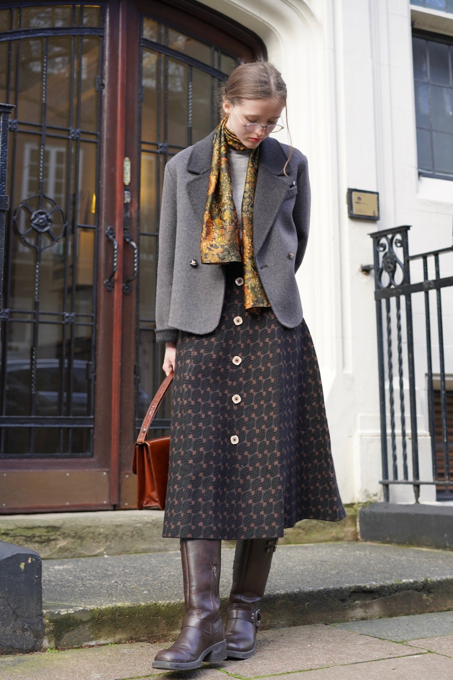 70s Typist Jacquard Skirt (Camel)