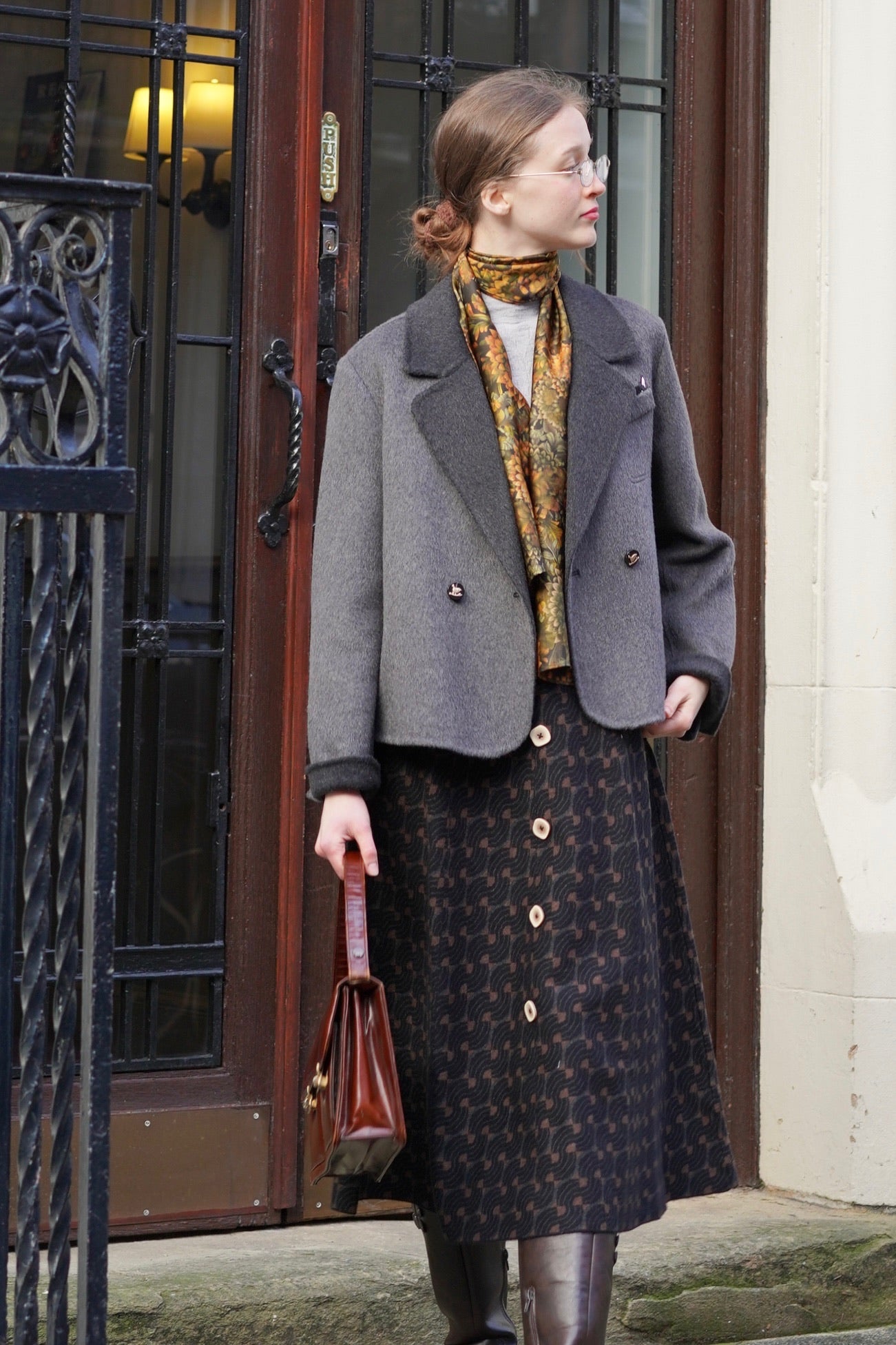 70s Typist Jacquard Skirt (Camel)