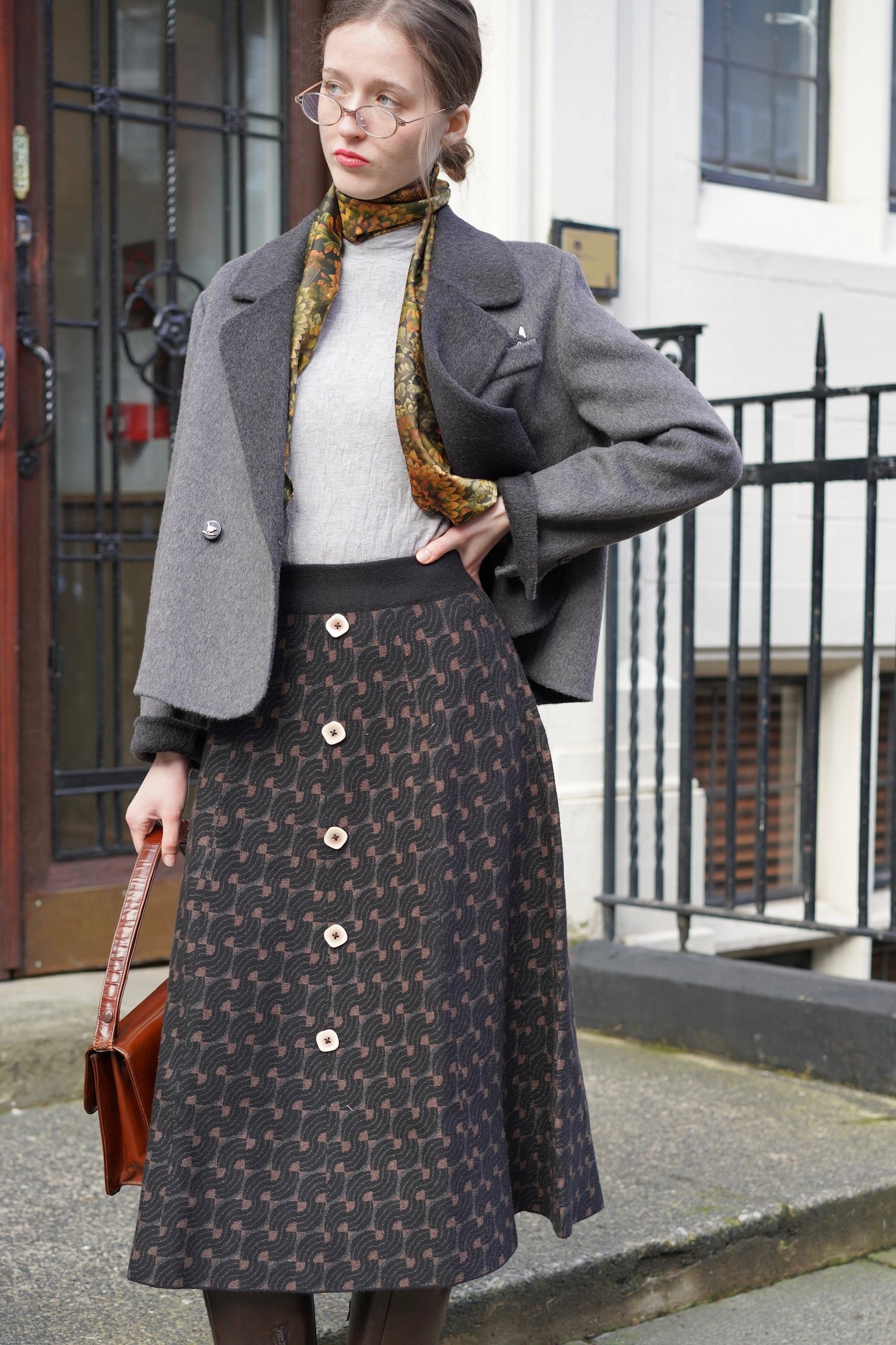 70s Typist Jacquard Skirt (Camel)