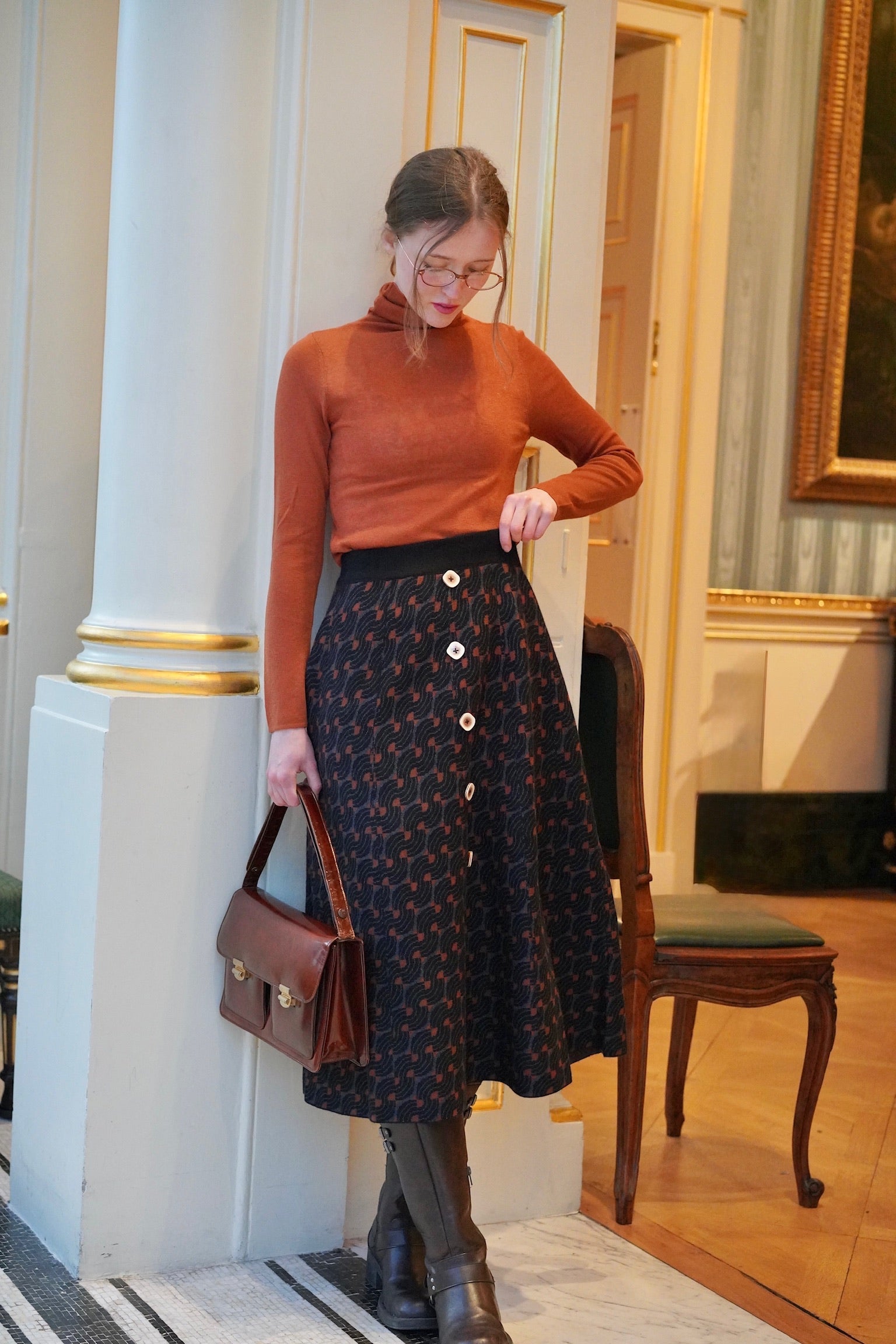 70s Typist Jacquard Skirt (Orange)