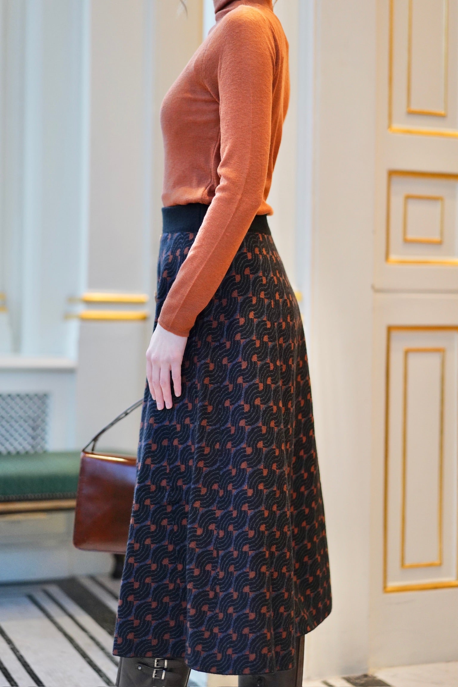 70s Typist Jacquard Skirt (Orange)