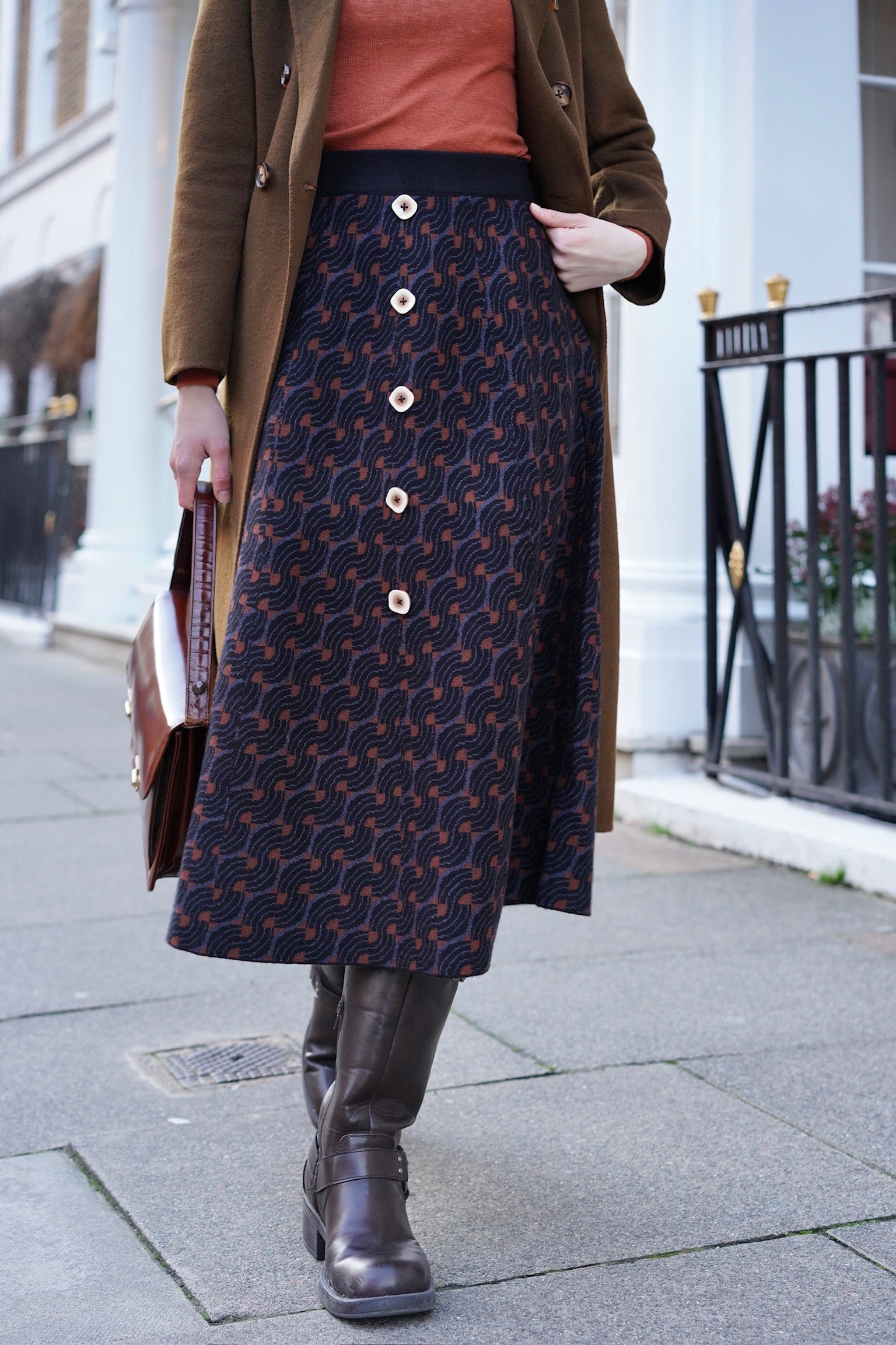 70s Typist Jacquard Skirt (Orange)