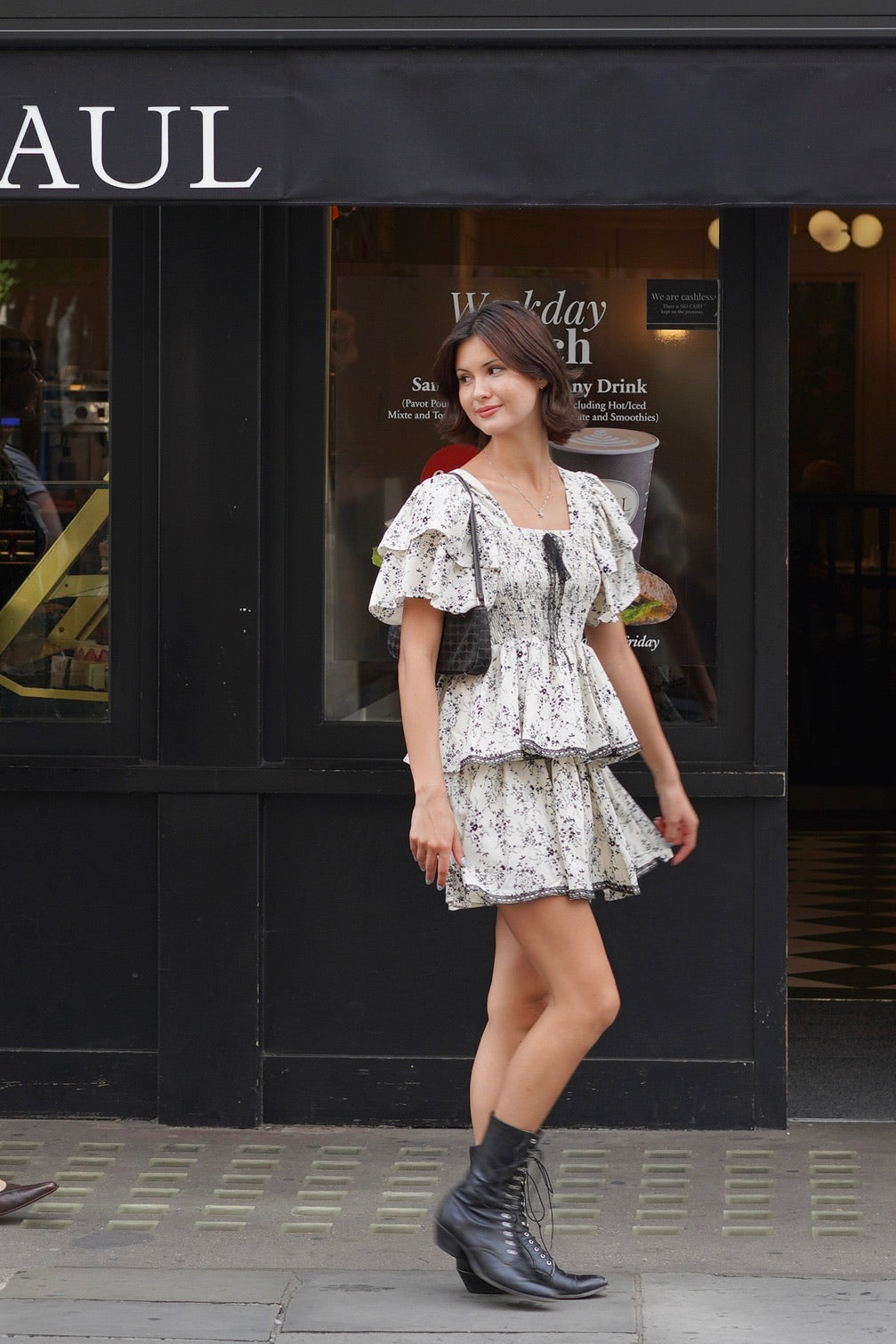 Aurora Ruffle Mini Dress (Cream Floral)