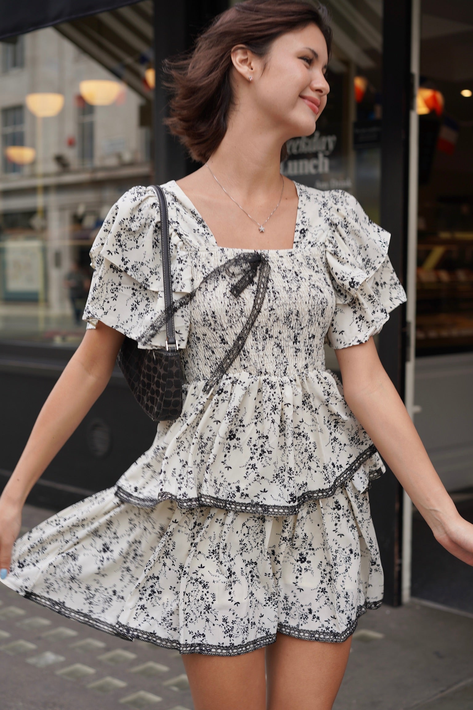 Aurora Ruffle Mini Dress (Cream Floral)