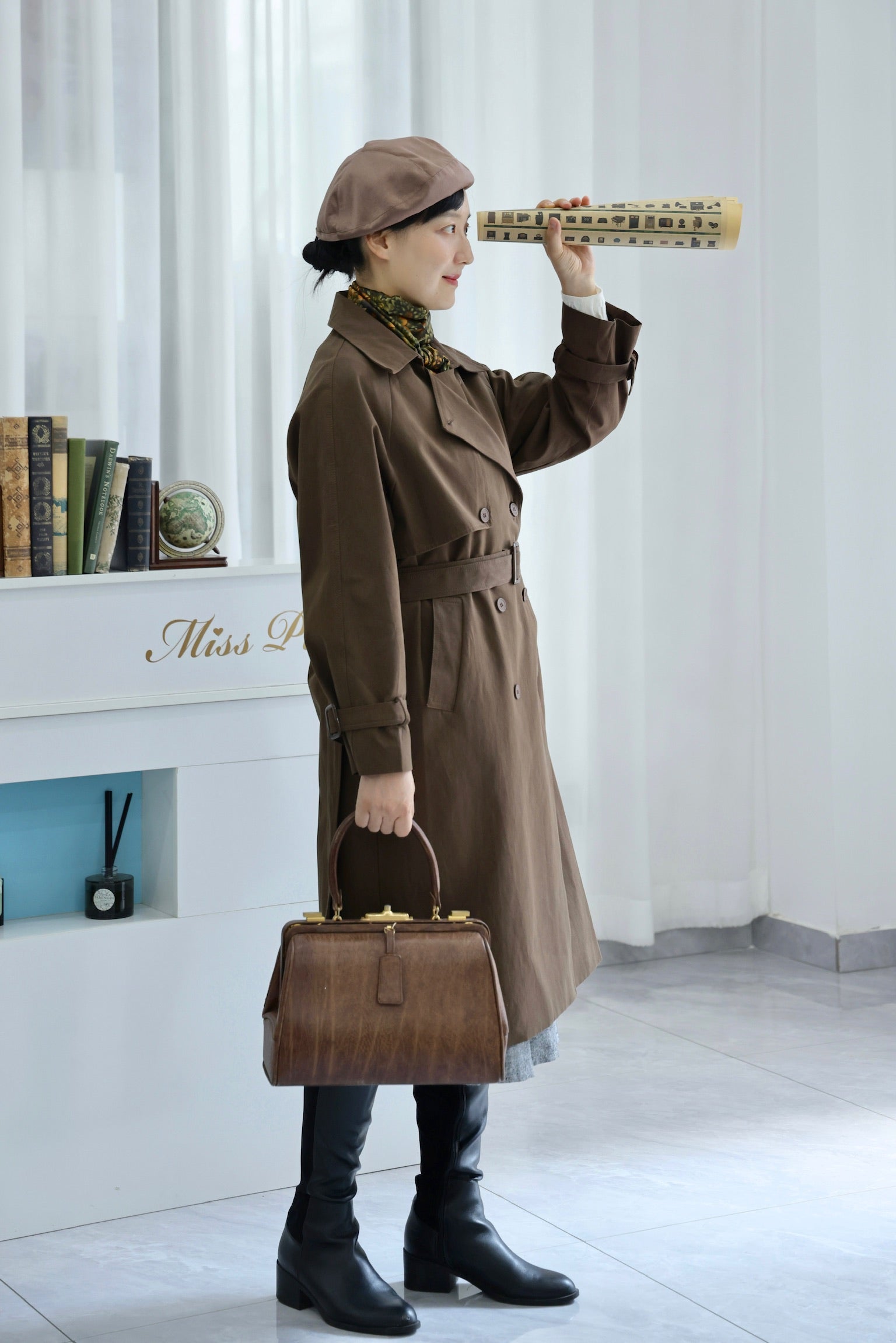 Baker Cat Trench Coat with scarf (Warm Chocolate)
