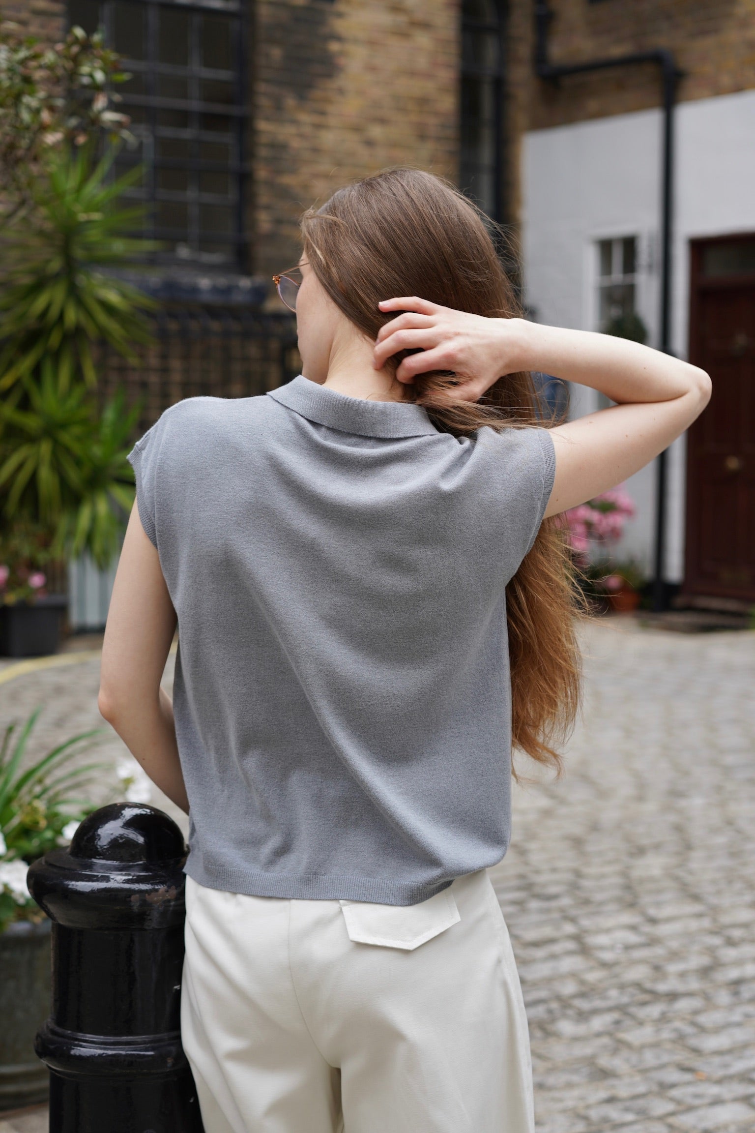 Bow & Tie Knit Polo Top (Grey)