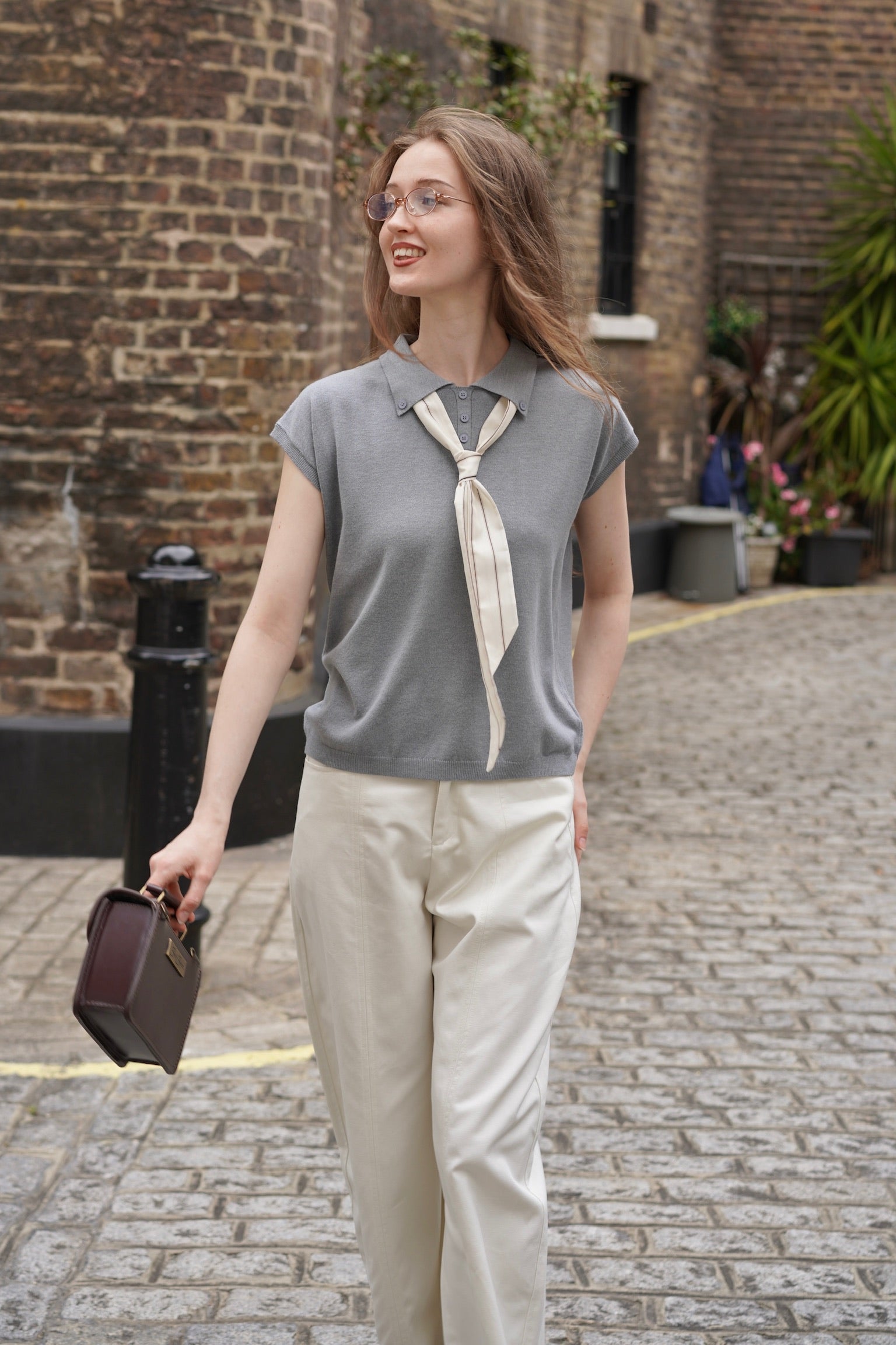 Bow & Tie Knit Polo Top (Grey)