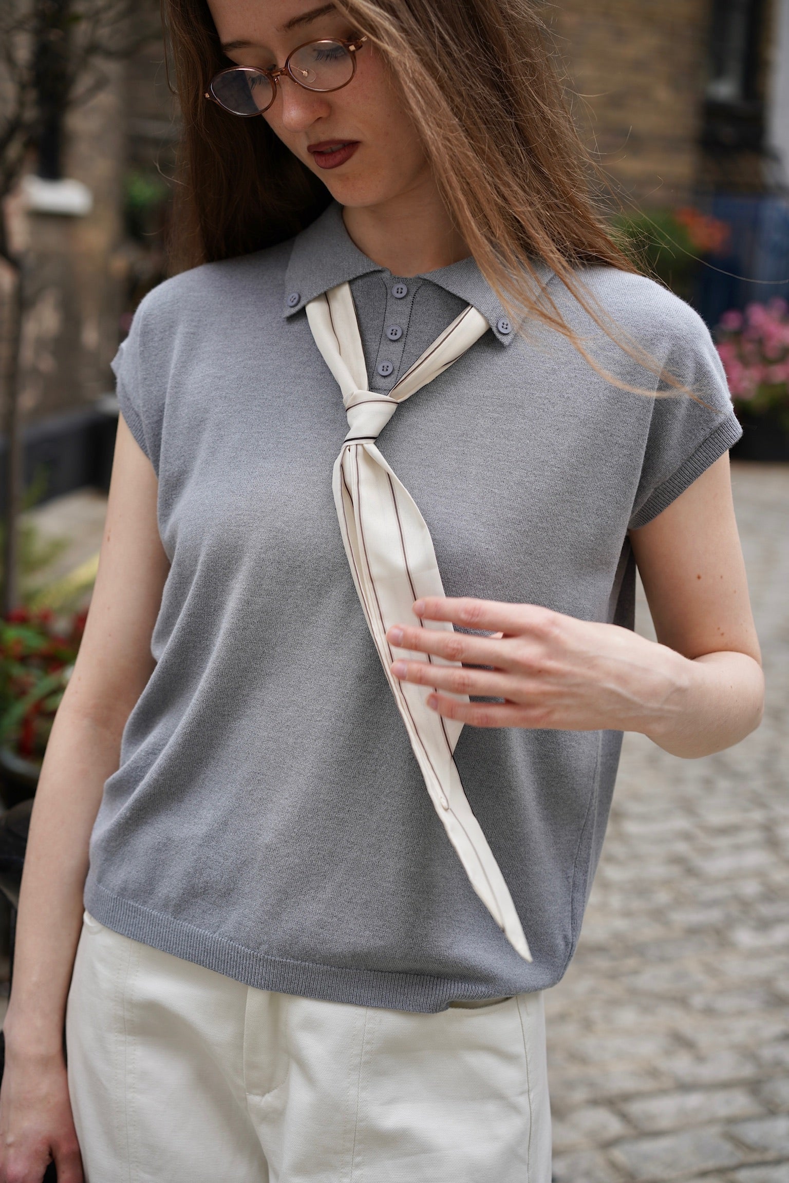 Bow & Tie Knit Polo Top (Grey)