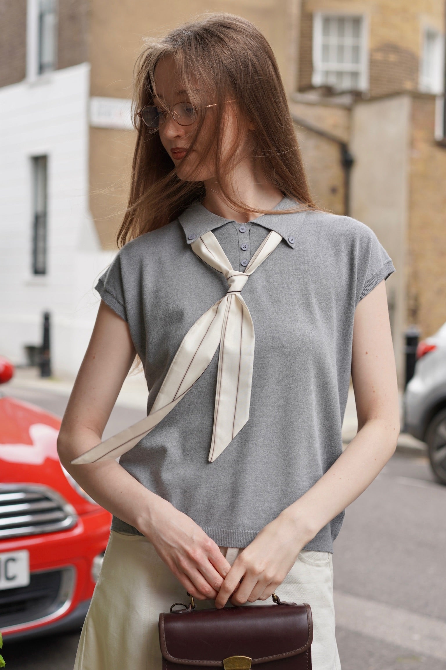 Bow & Tie Knit Polo Top (Grey)