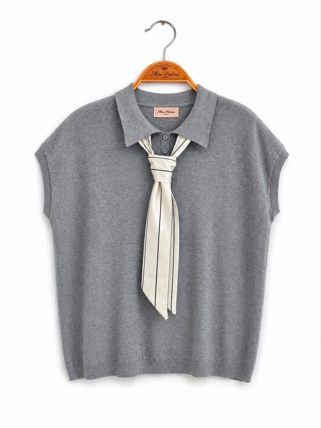 Bow & Tie Knit Polo Top (Grey)