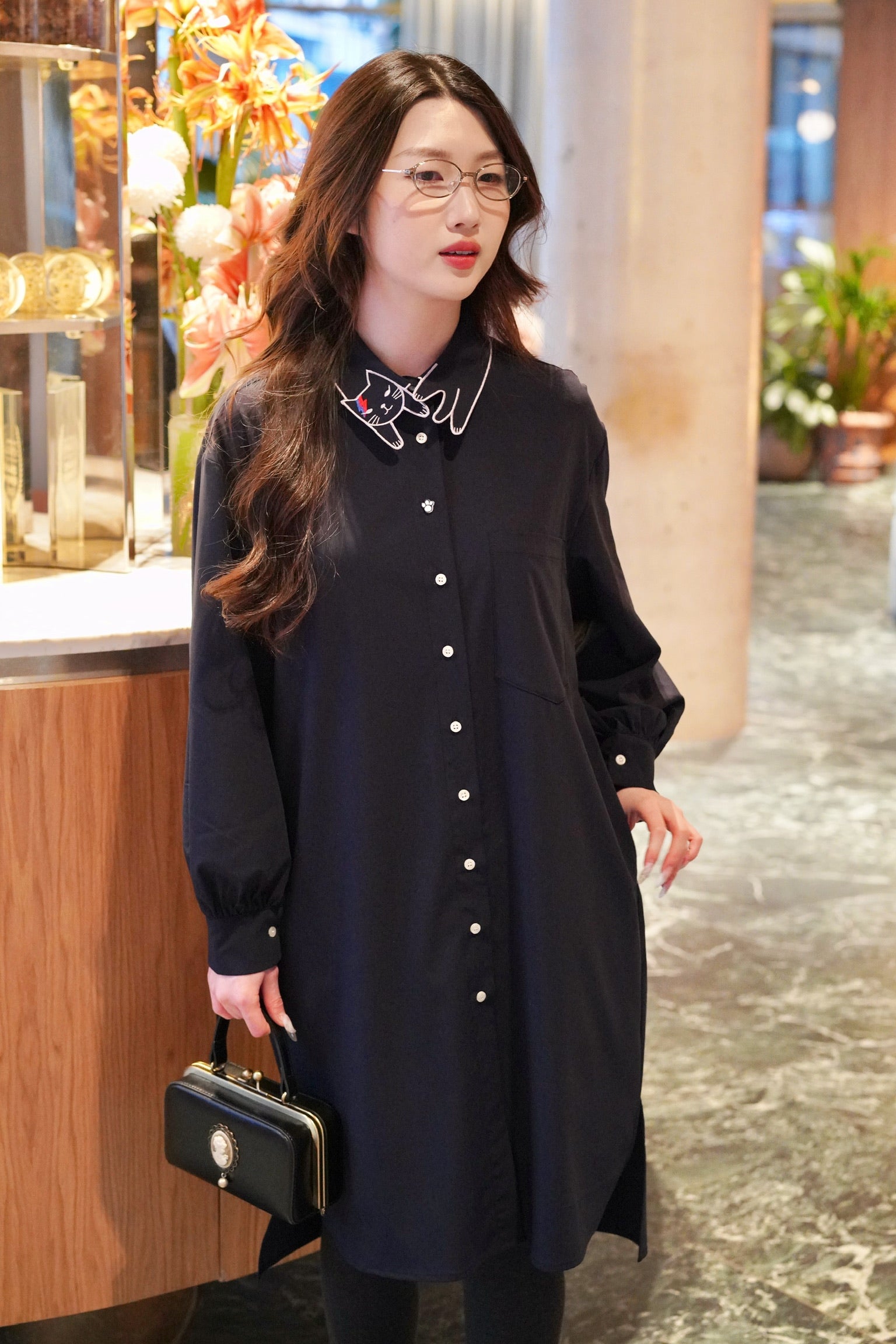 Bowie Cat Shirt Dress (Navy)