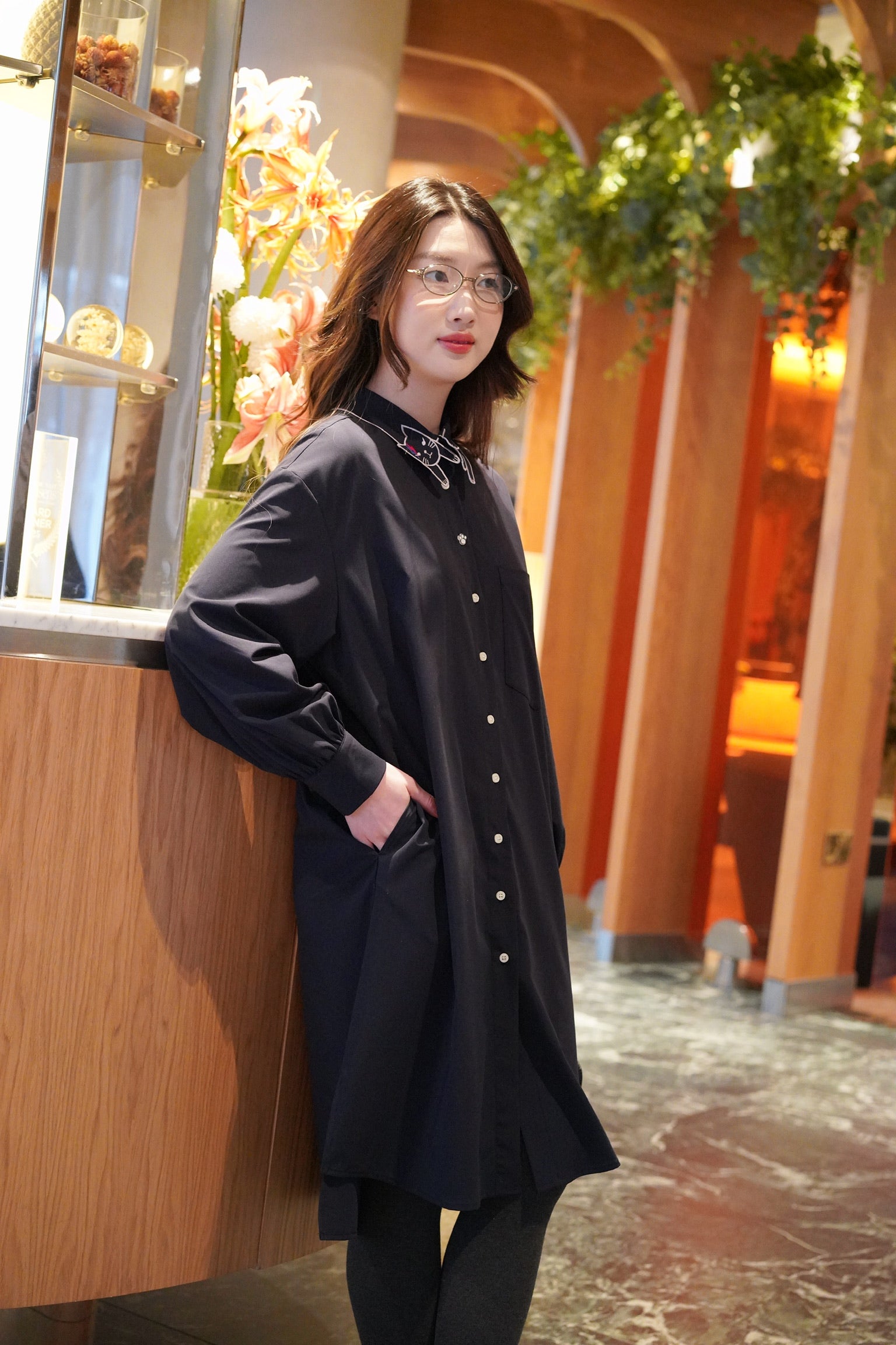 Bowie Cat Shirt Dress (Navy)