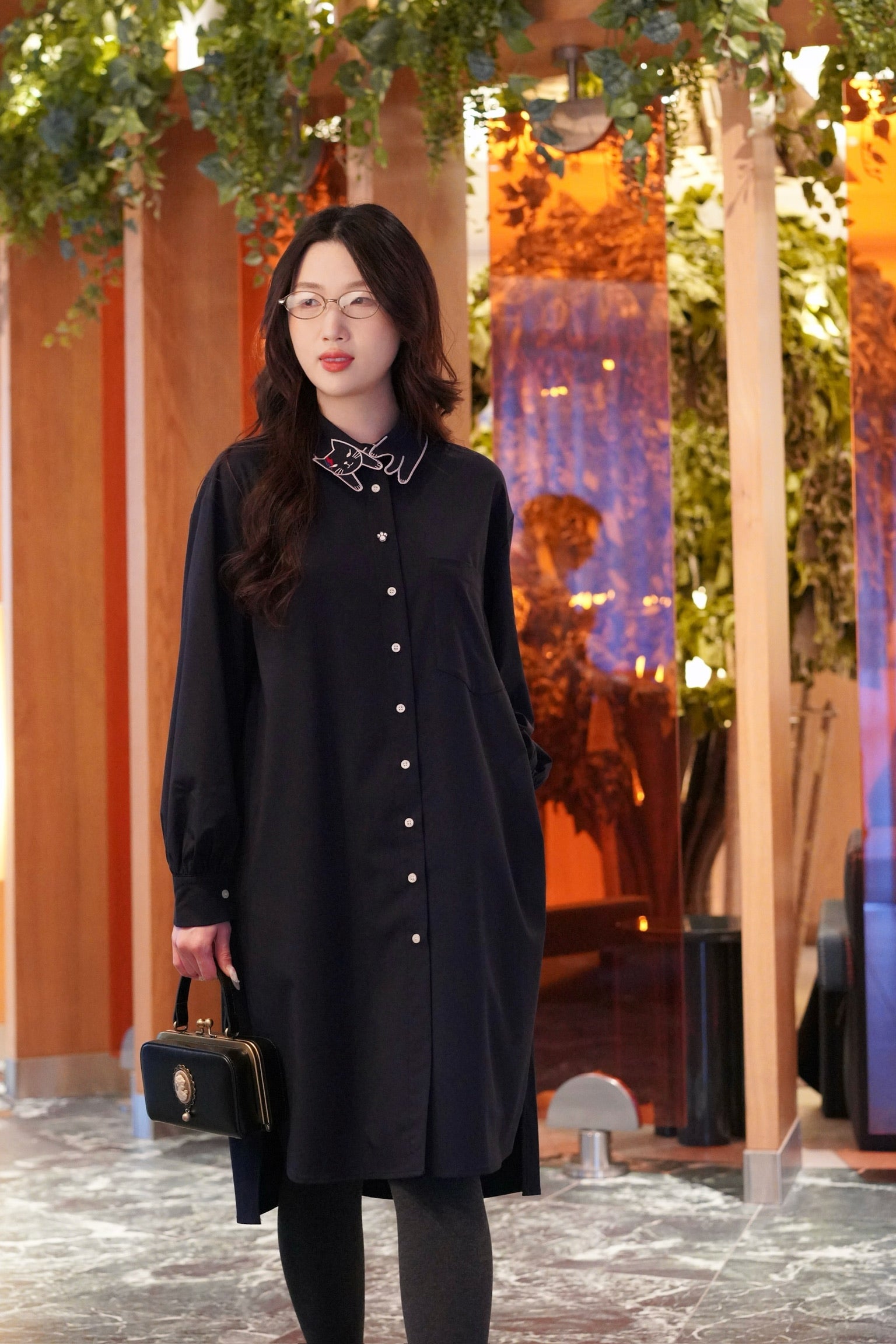 Bowie Cat Shirt Dress (Navy)