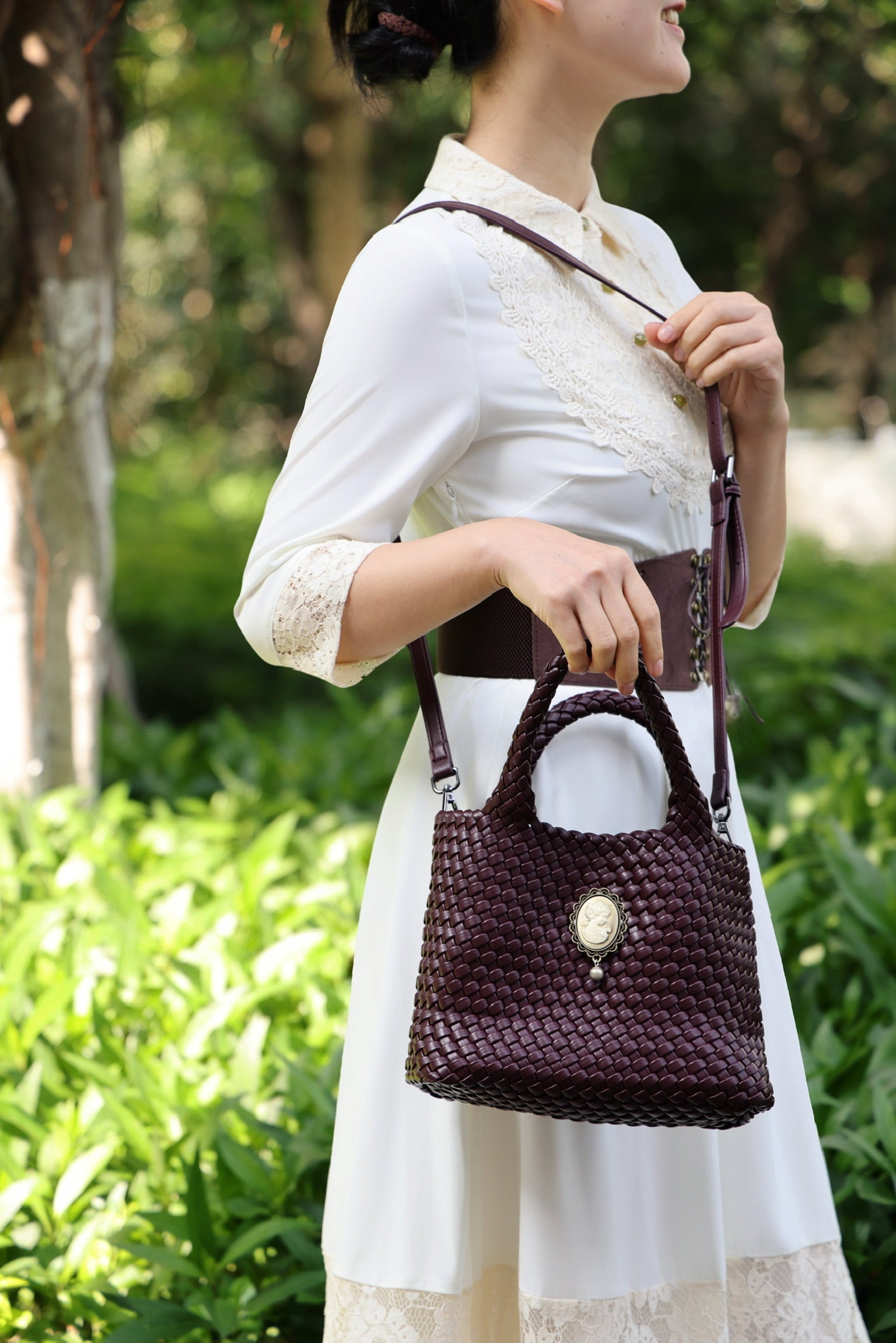 Cameo Leather Woven Tote Bag