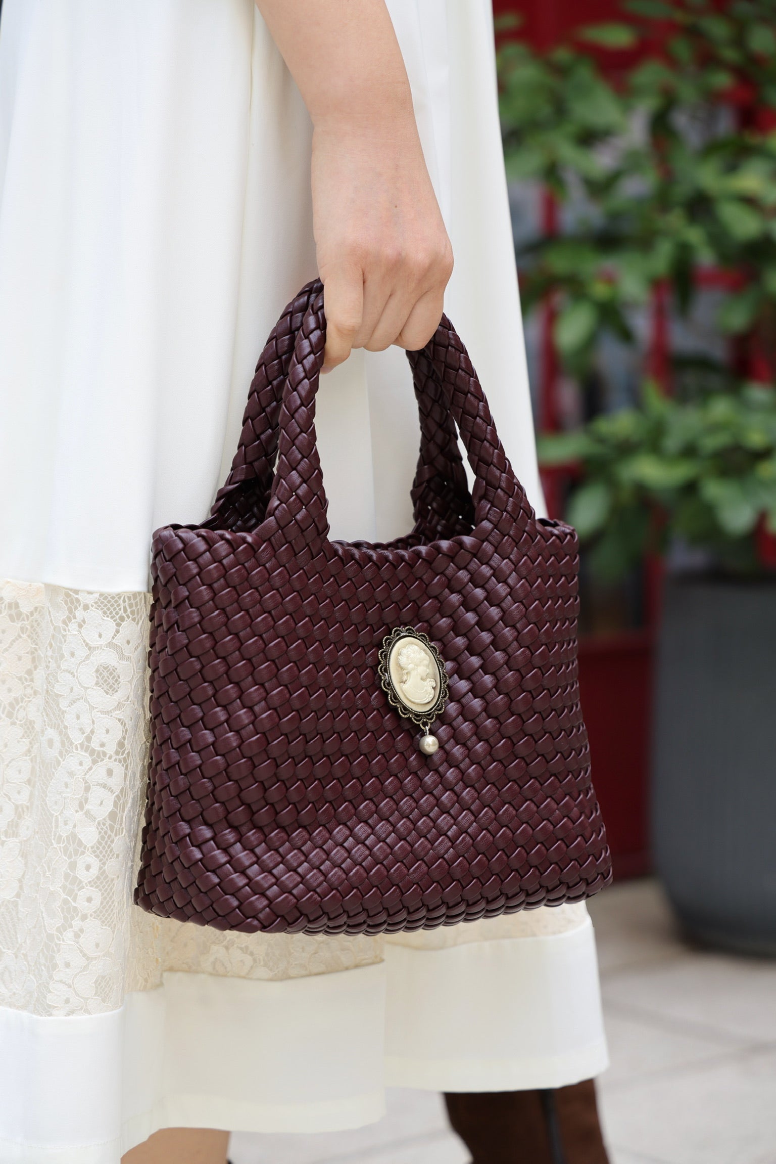 Cameo Leather Woven Tote Bag
