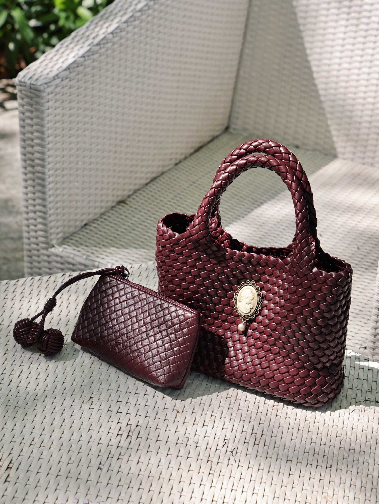 Cameo Leather Woven Tote Bag