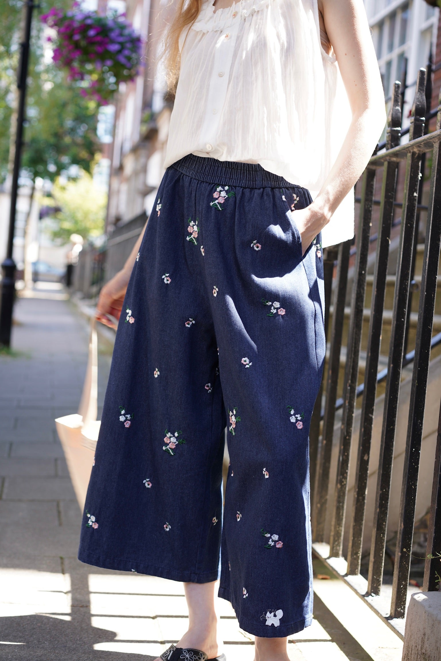 Wild Flowers Denim Wide-Leg Trousers