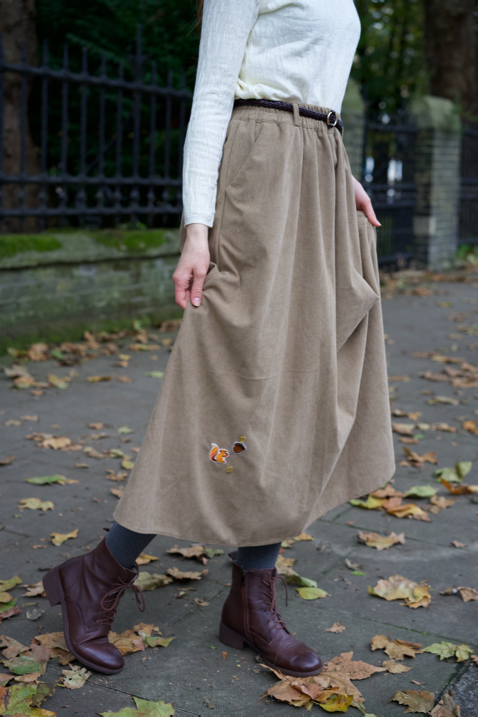 Curious Squirrel Corduroy Skirt (Caramel Latte)