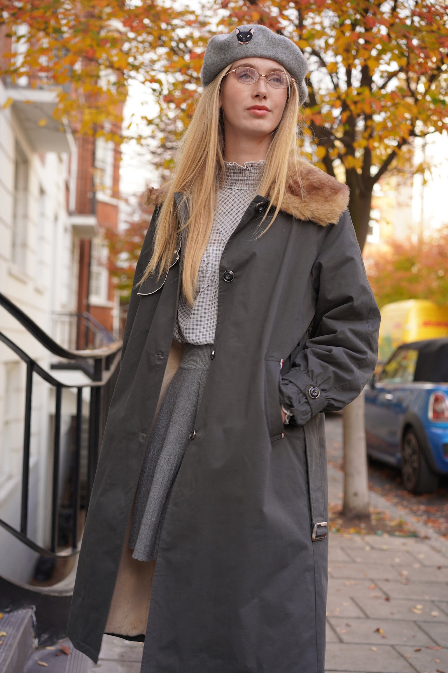 Felicity Kitten Faux Fur Collared Trench Coat