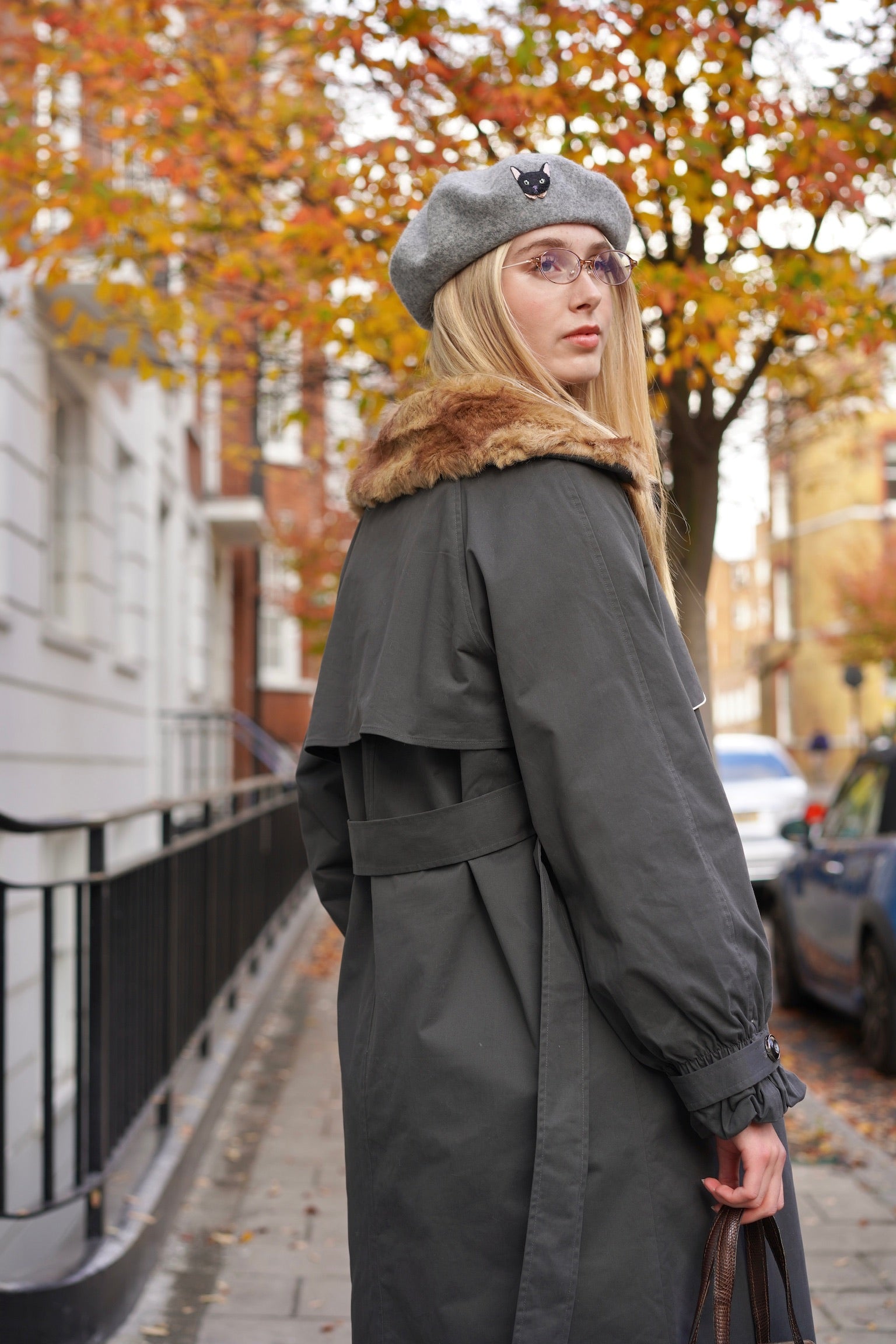 Felicity Kitten Faux Fur Collared Trench Coat