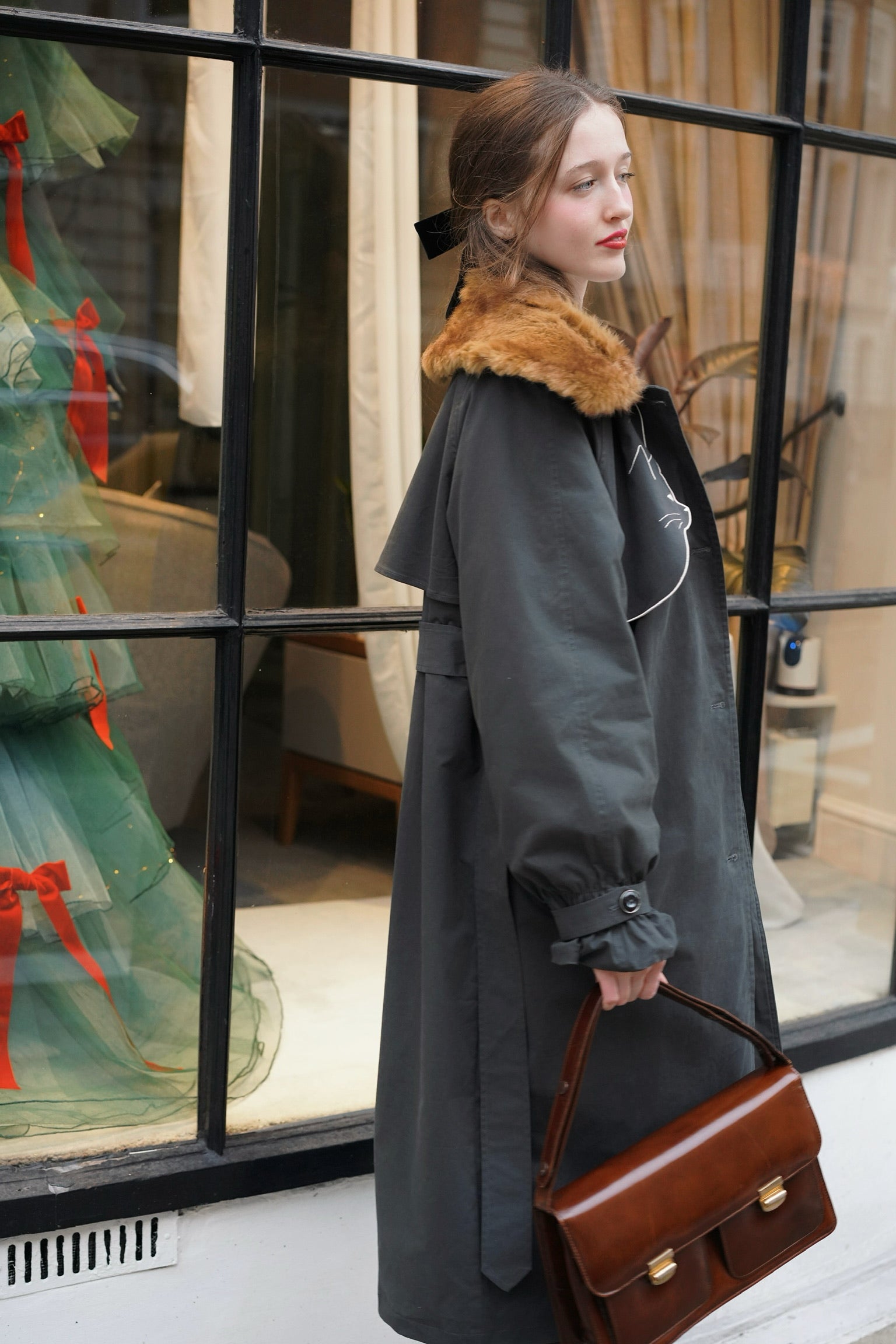 Felicity Kitten Faux Fur Collared Trench Coat