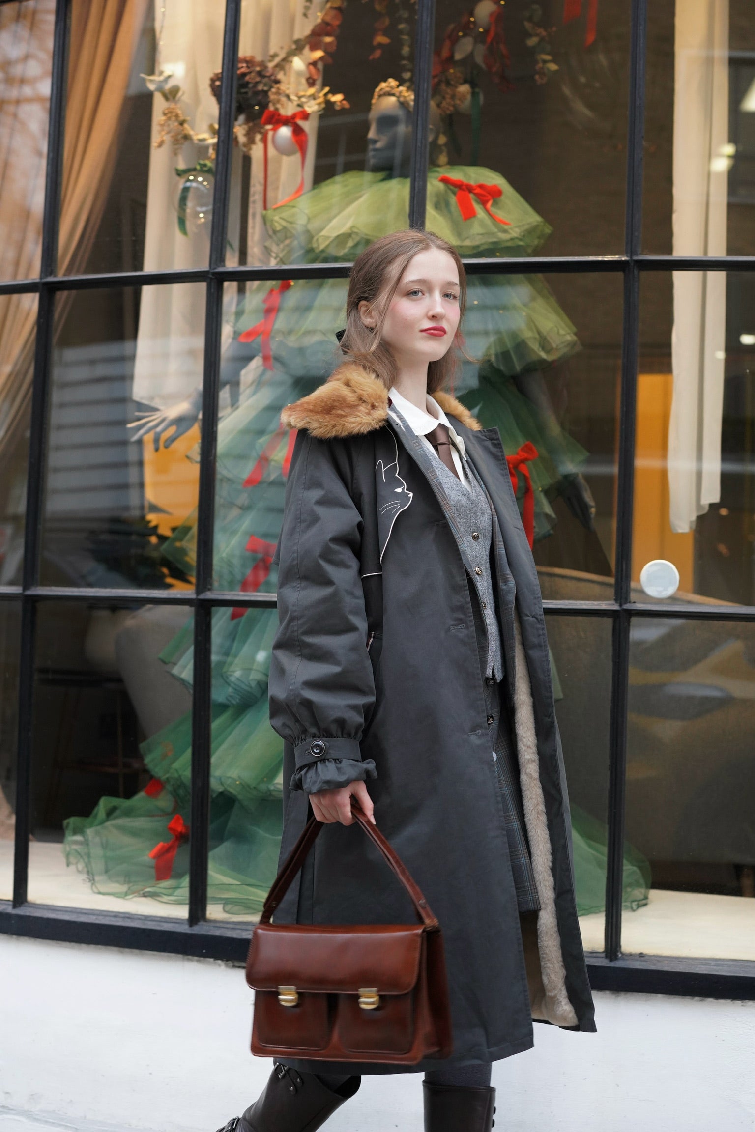 Felicity Kitten Faux Fur Collared Trench Coat