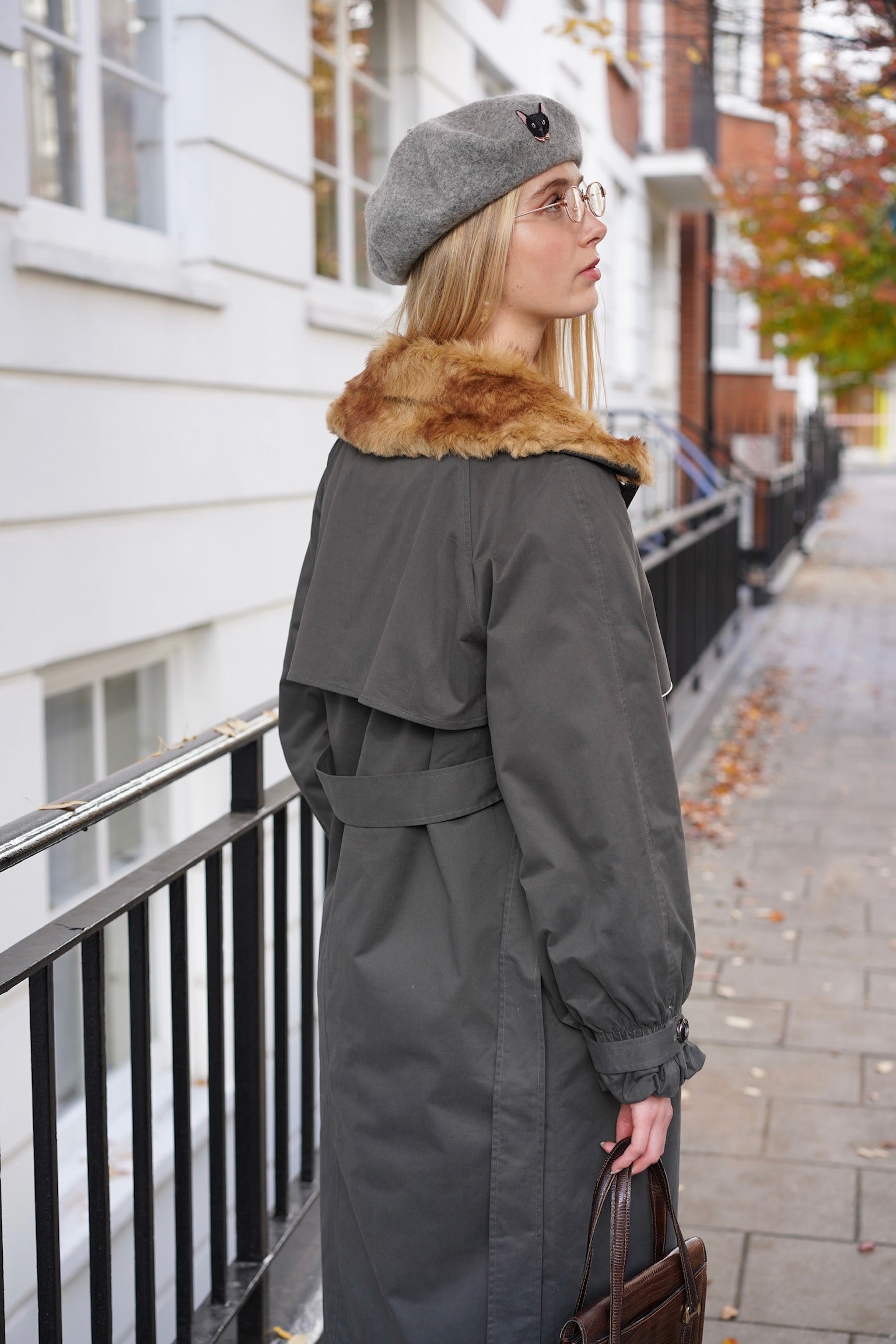 Felicity Kitten Faux Fur Collared Trench Coat