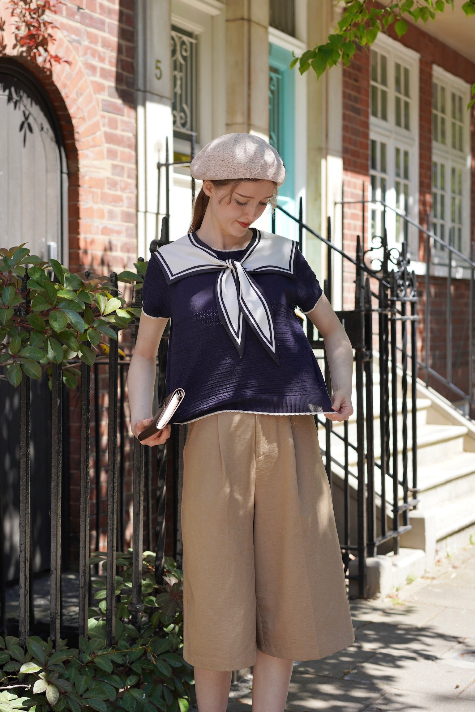 Sailor Collar Pointelle Top (Navy)