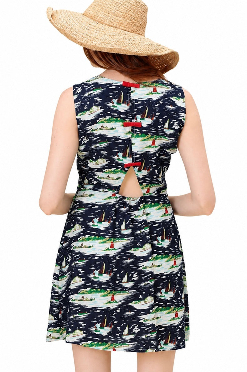 Hawaiian Vintage Print Open Back Mini Dress