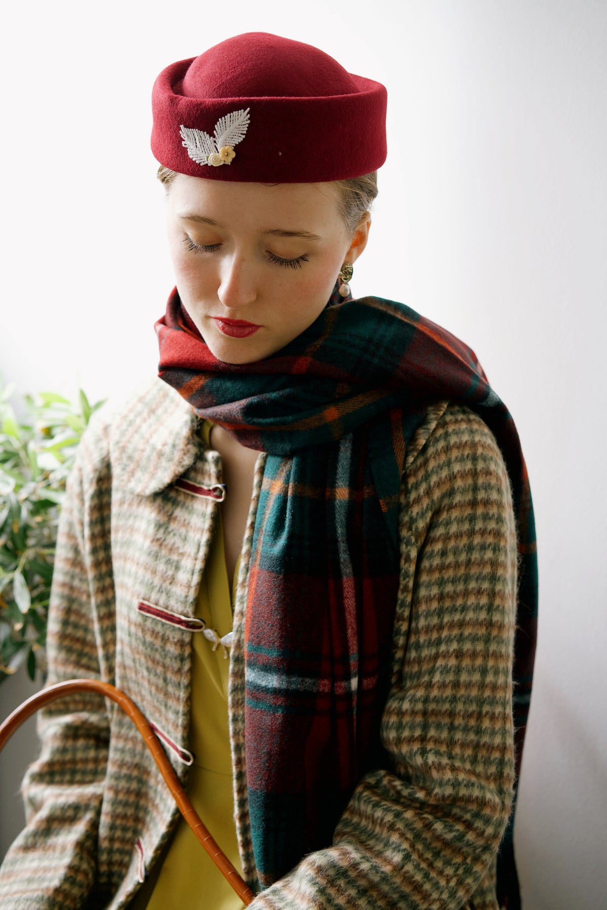 Floral Pillbox Hat(Wine)