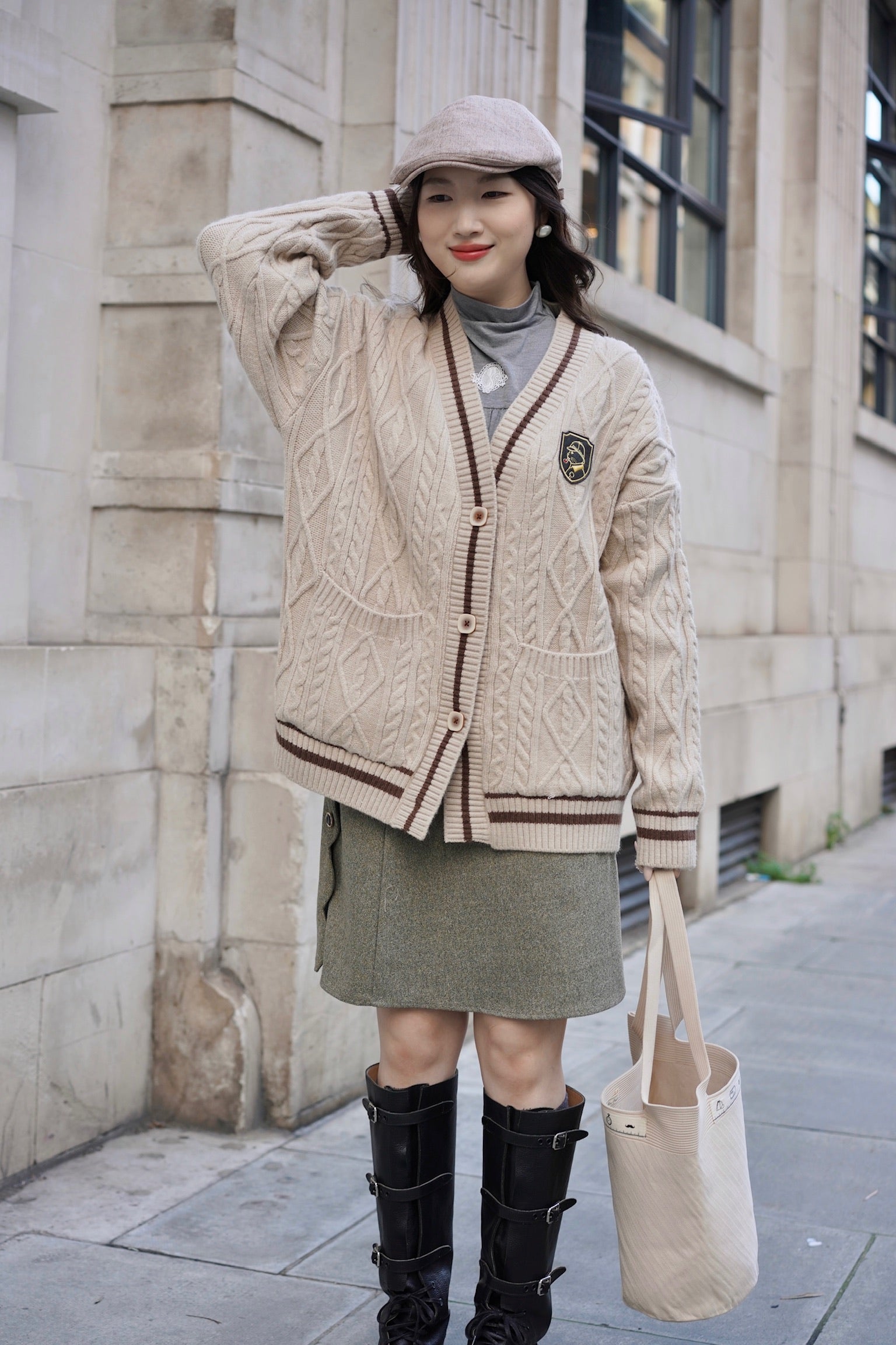 Holmesian Cat Varsity Cardigan (Latte)